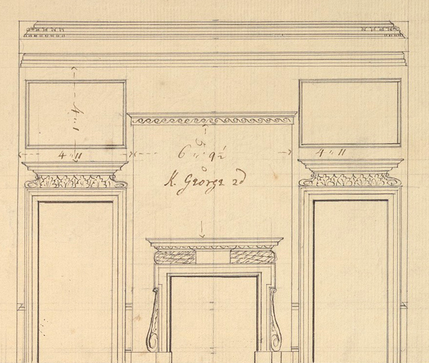 Contemporary architectural drawing of the first-floor parlour at 10 Downing Street. Venice, the Return of the Bucintoro on Ascension Day and its pendant Venice, The Grand Canal, Looking North-East from Palazzo Balbi to the Rialto Bridge hung on either side of the fireplace. Also in the room were works by Francesco Solimena, David Teniers the Younger and Paul de Vos
