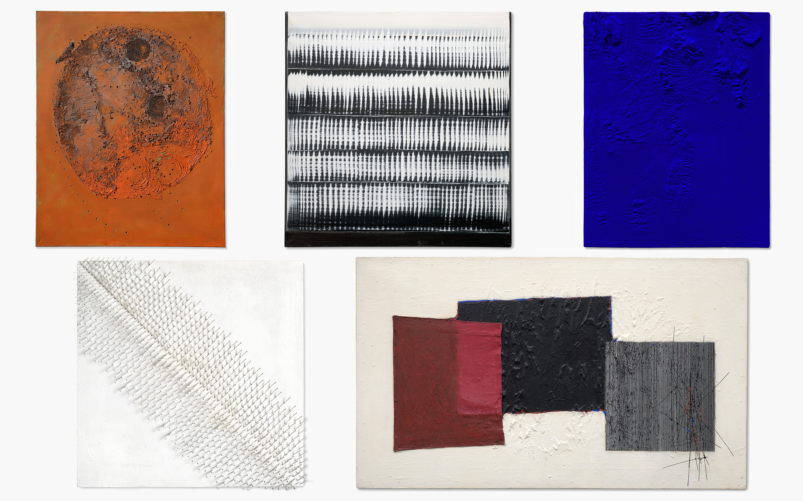 Clockwise, from top left: Lucio Fontana, Concetto spaziale, 1956 (estimate: €400,000-600,000); Heinz Mack, Dynamische Struktur Weiss auf Schwarz, 1960 (€80,000-120,000); Yves Klein, Relief Planetaire Terre (Marseille, Aix), (RP 24), 1961 (€600,000-800,000); Jesus Rafael Soto, Collage and Vibration, 1959-60 (€150,000-250,000); Gunther Uecker (né en 1930), Narbe I, 1966 (€150,000-200,000). All offered in Collection Helga et Edzard Reuter on 28 May 2025 at Christie’s in Paris