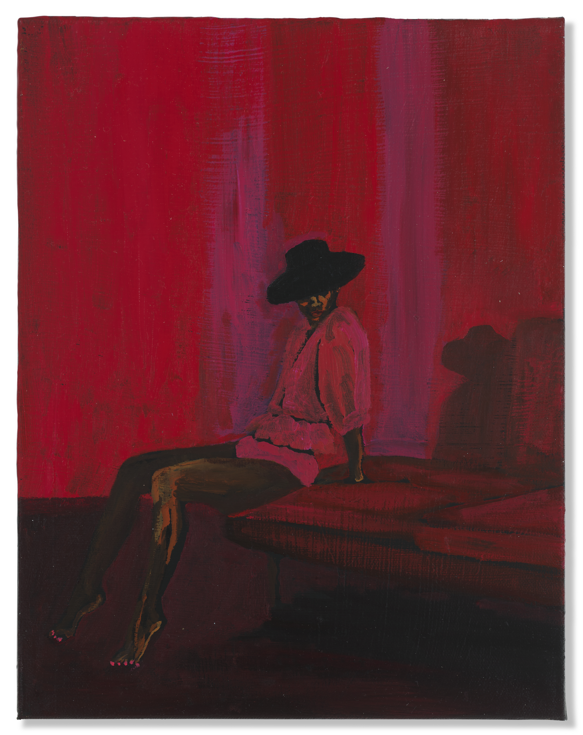 A painting depicts a figure in a wide-brimmed hat sitting on a red stage, enveloped by a vibrant red curtain backdrop.