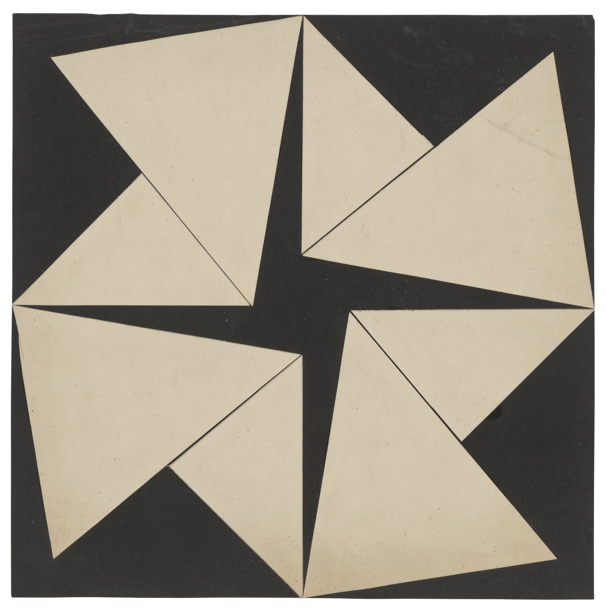 Abstract black and white art featuring a star shape composed of five triangles on a square background.