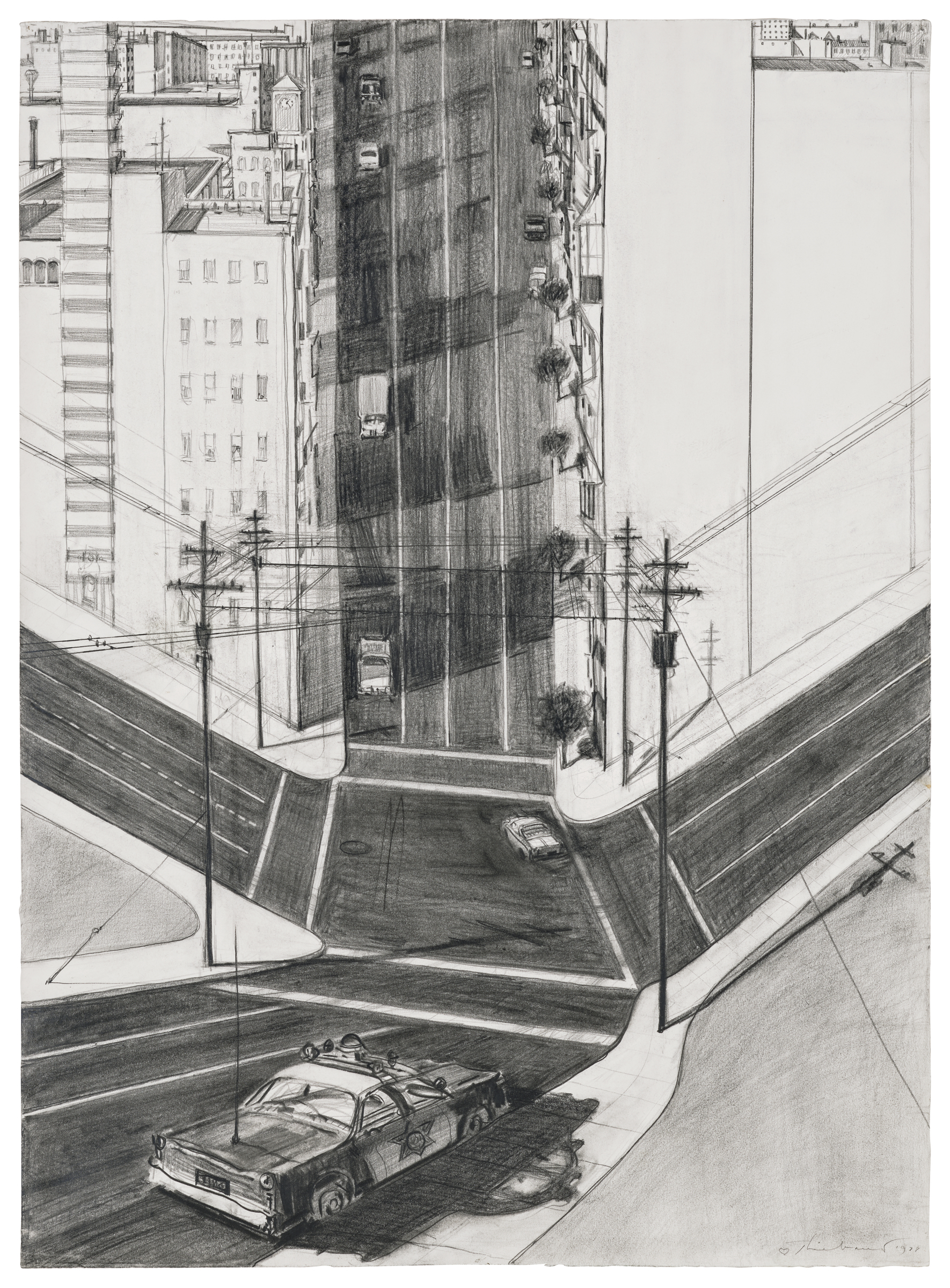 A detailed pencil drawing depicting a distorted urban street scene with a police car prominently in the foreground and multiple skewed buildings.