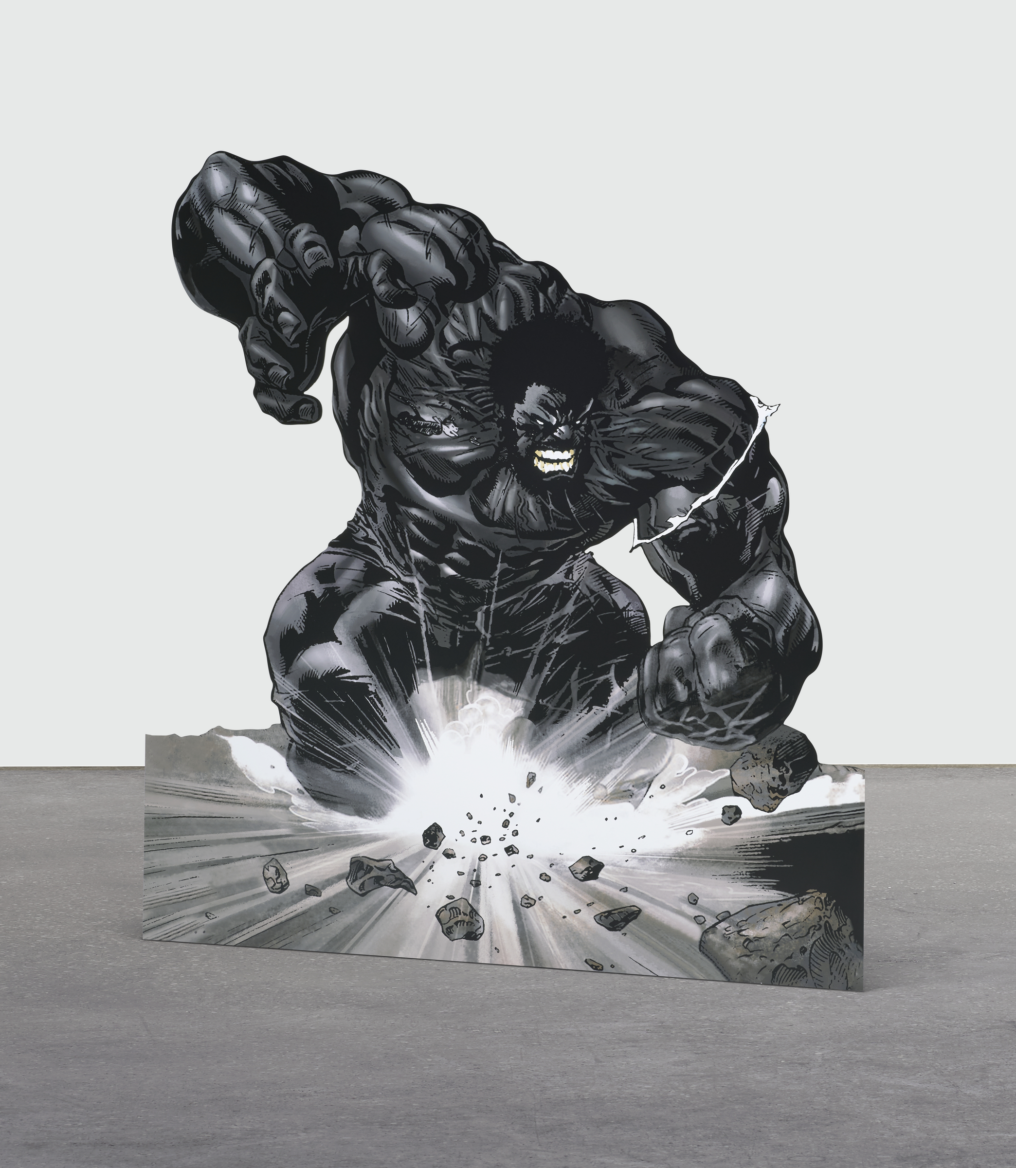 A drawing of a powerful, muscular creature smashing the ground, causing debris to fly around.