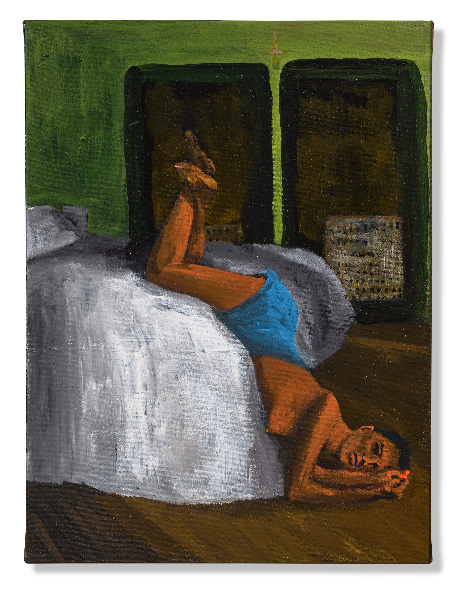 A painting of a person lying on a bed with their legs raised, dressed in blue shorts, in a room with green walls and dark doors.
