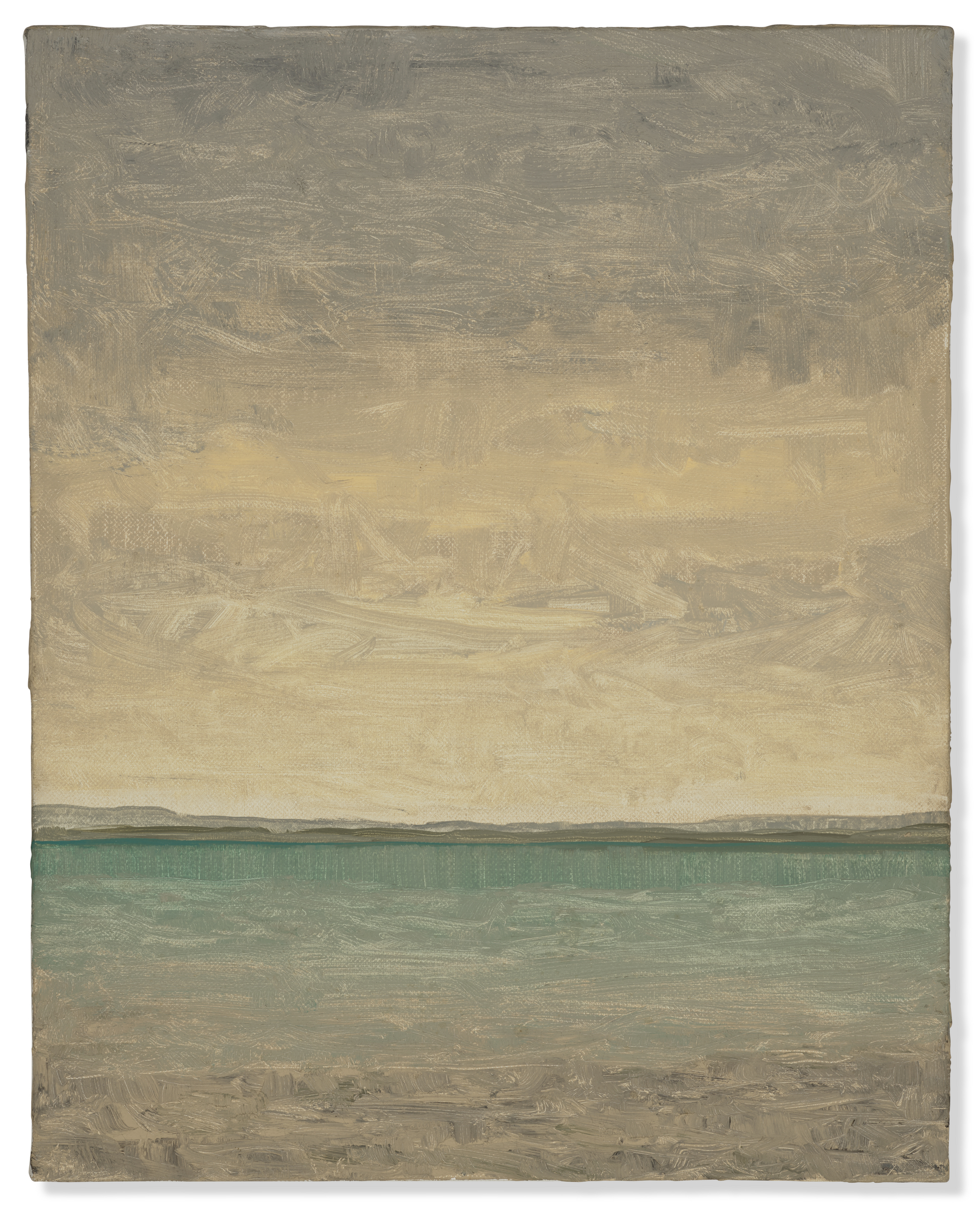 Abstract painting featuring broad brushstrokes with a serene landscape of beige sky, a band of yellow, and a teal lower section suggesting water.