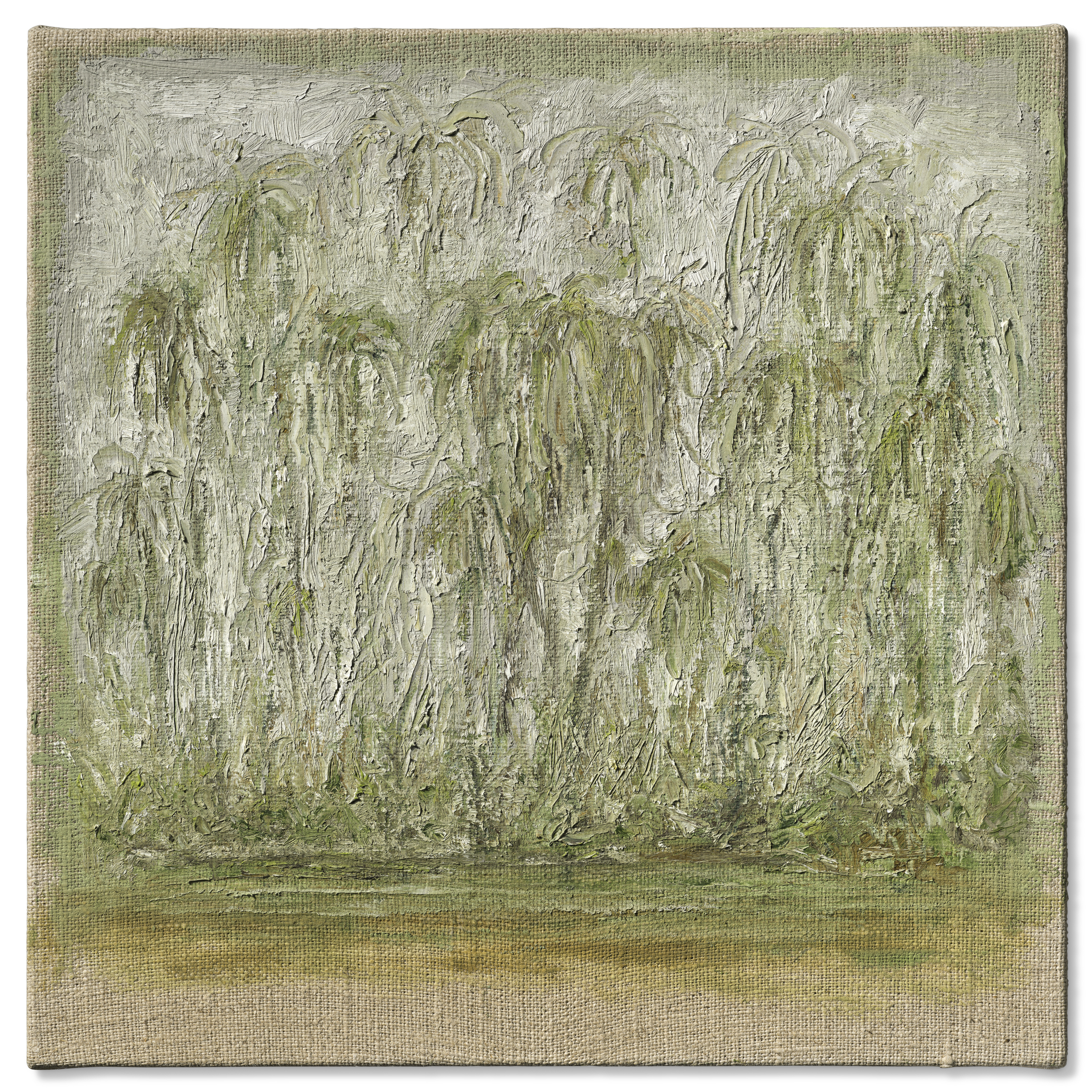 An abstract painting depicting weeping willow trees in muted green tones with thick brushstrokes.