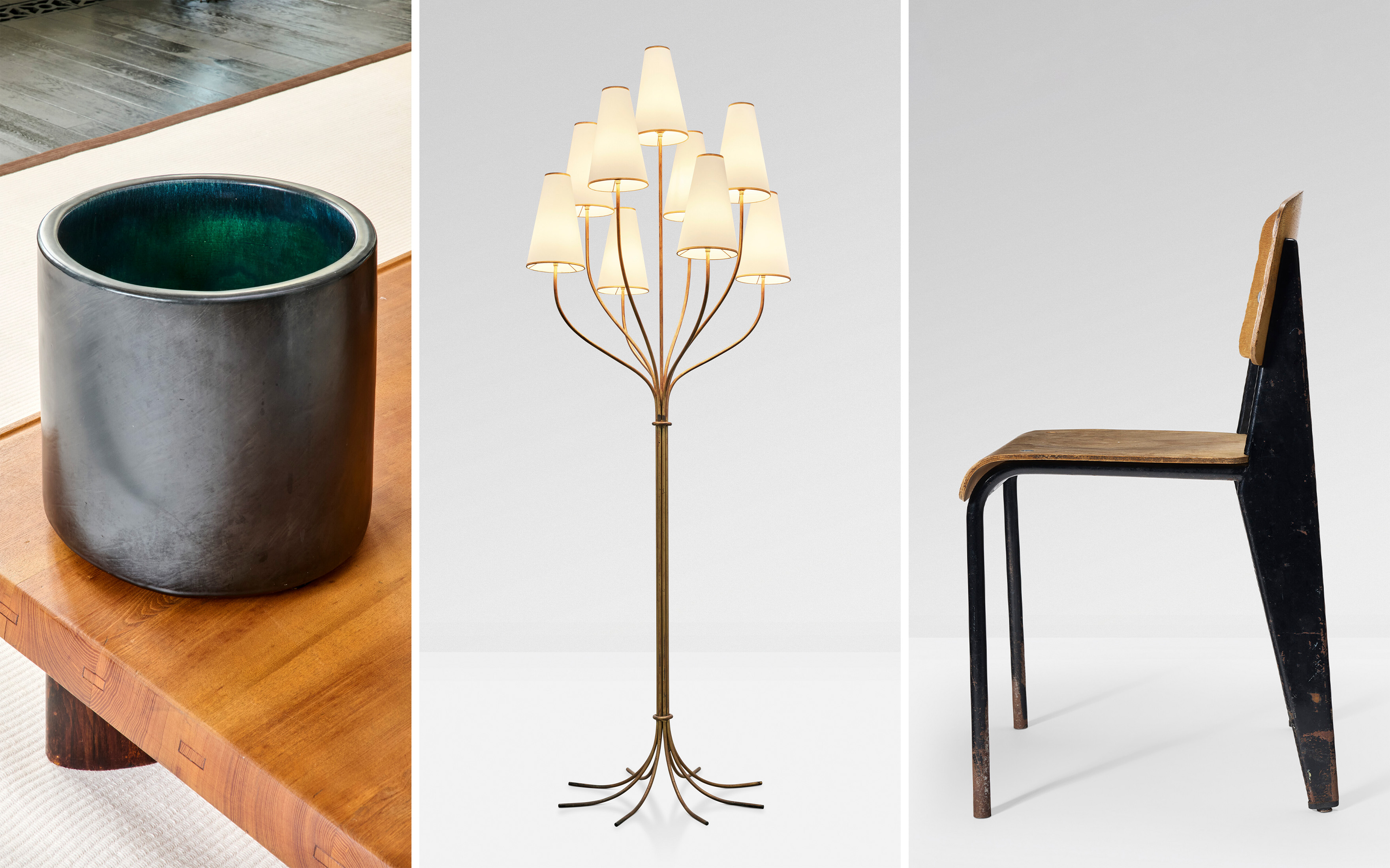 Georges Jouve, Cylindre, circa 1955; Jean Royere, Persan floor lamp, circa 1955; Jean Prouve, Metropole n. 305 chair circa 1950. All offered in Design on 21 May 2025 at Christie's in Paris