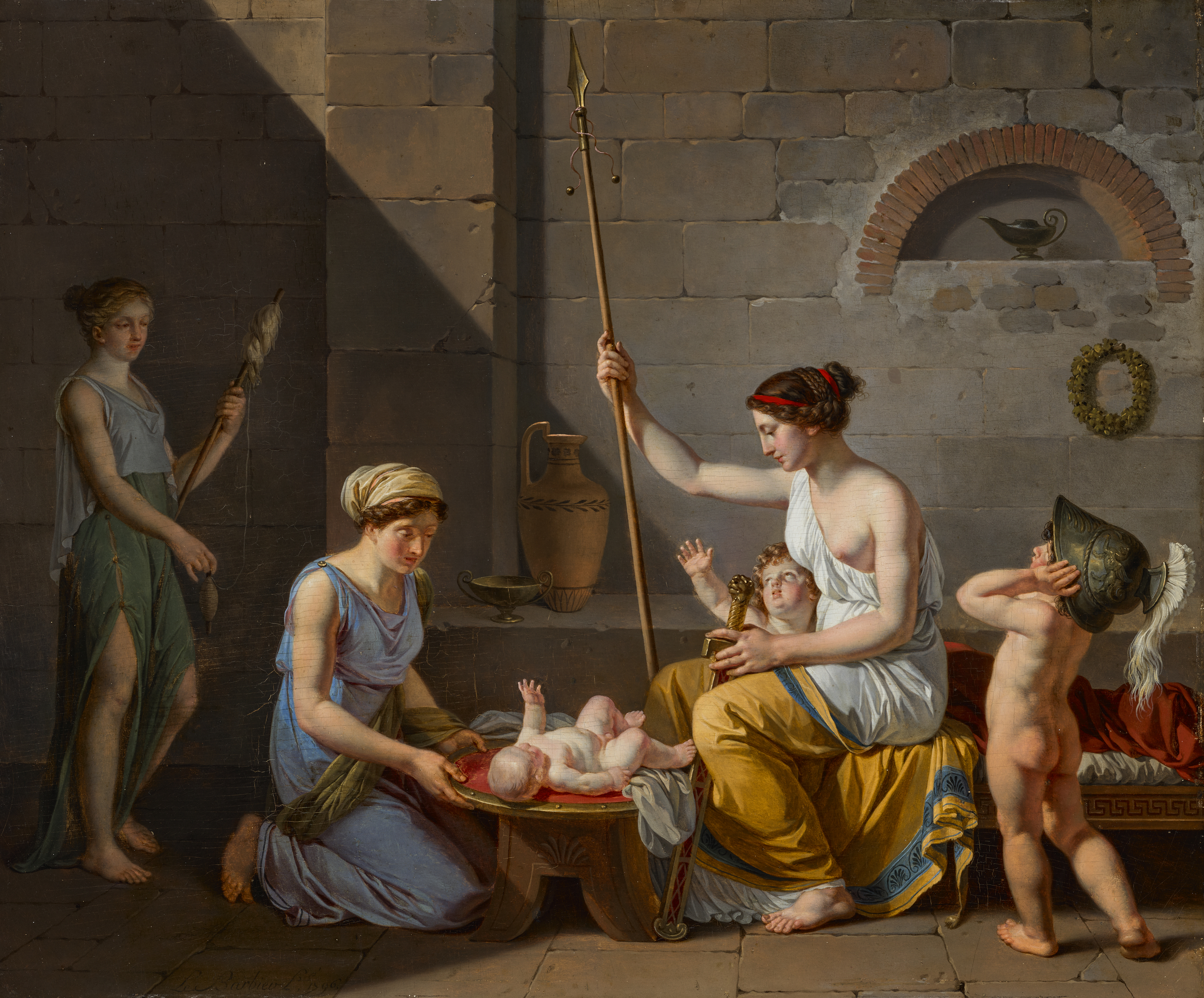 Classical figures interact in a stylized architectural setting, engaging with various symbolic objects and a baby.