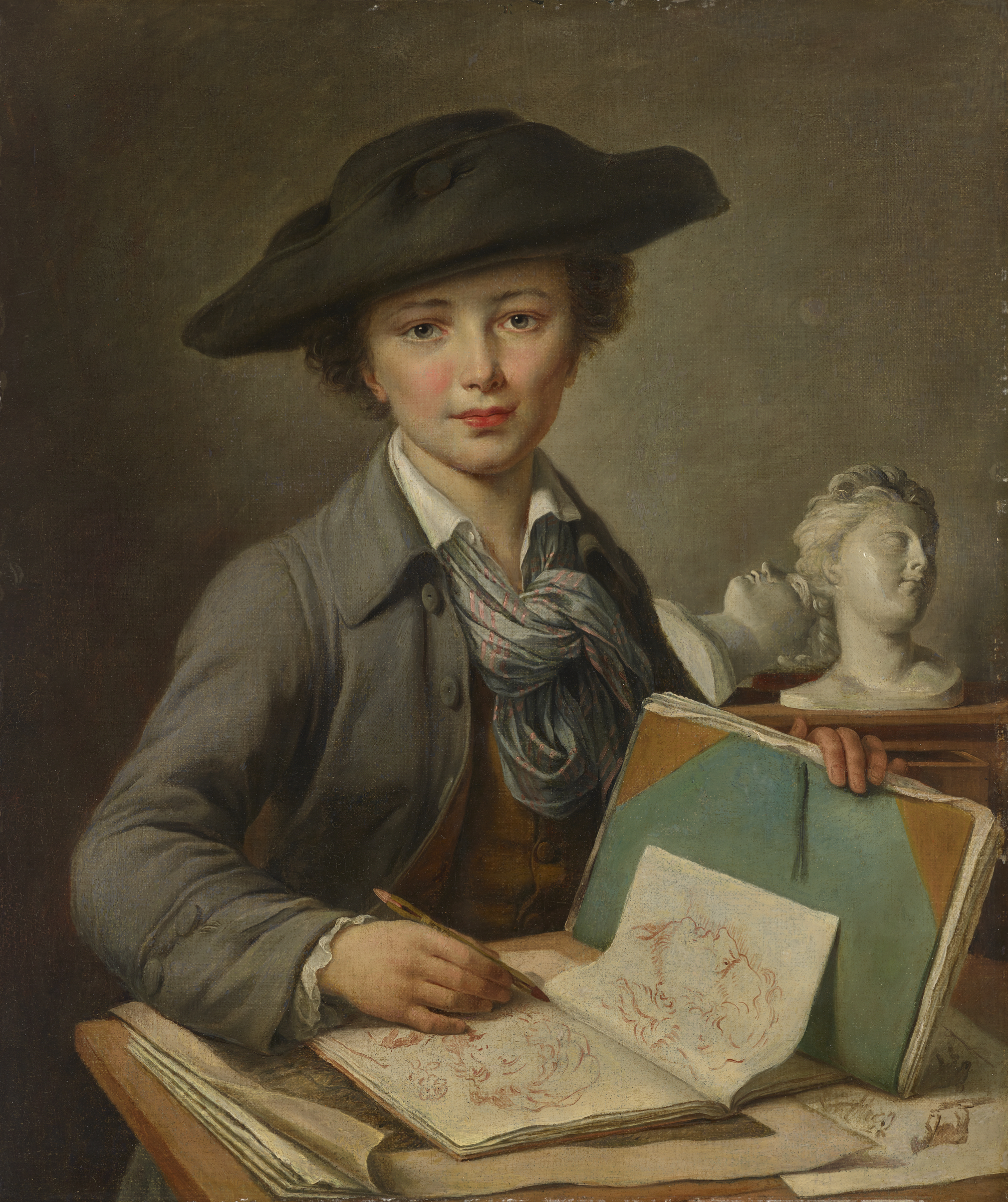A person wearing a large tricorn hat and an elegant scarf sketches in a book, with a classical sculpture visible in the background.