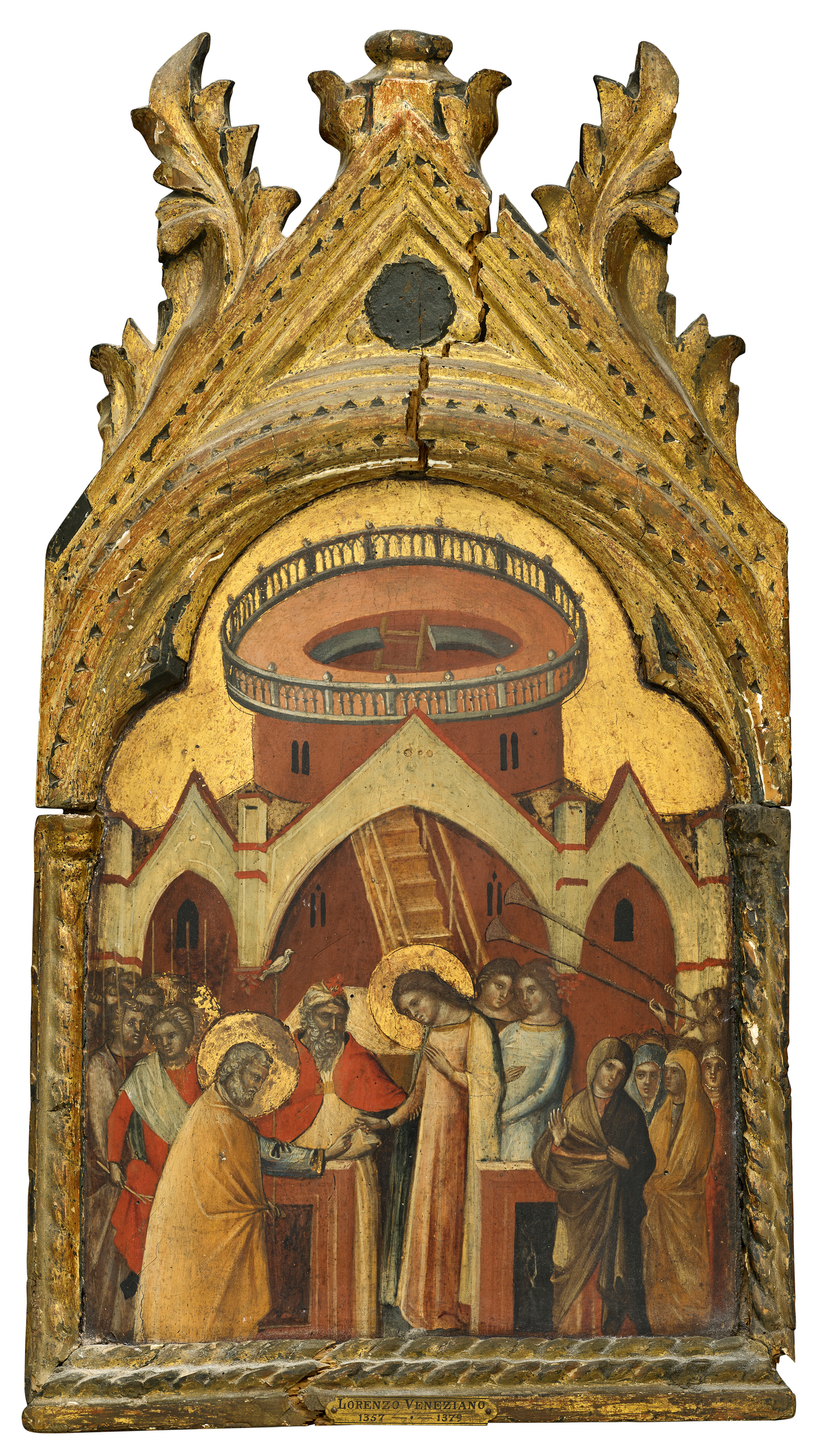 An intricately detailed Gothic painting showing a religious scene with multiple figures