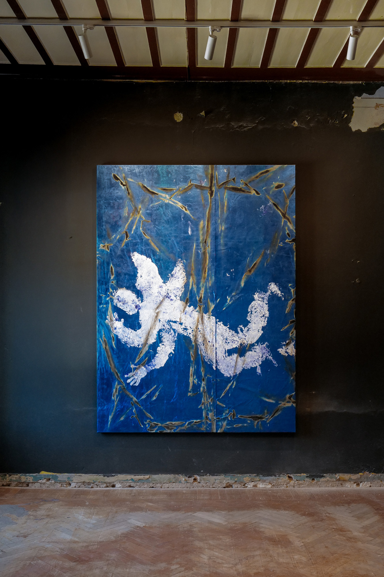 Installation view of Folding the Sea into Dresses That Dissolve Like Salt, showing a work by the Thai artist Korakrit Arunanondchai