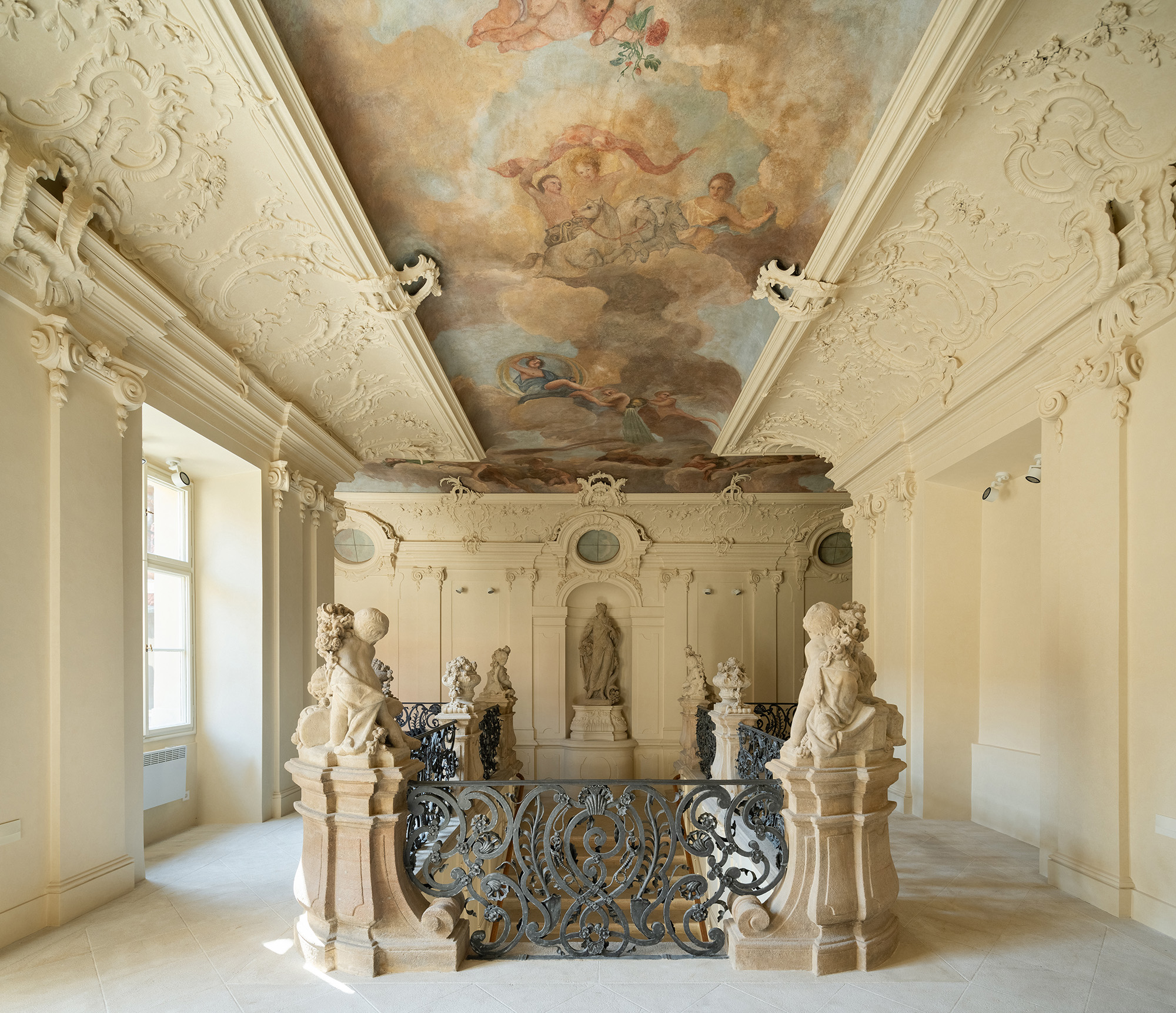 Interior view of the Savarin Palace in Prague, now home to the Mucha Foundation's collection. The reconstruction and restoration of the Baroque building was completed in 2024, with a new project by the British designer Thomas Heatherwick currently under way