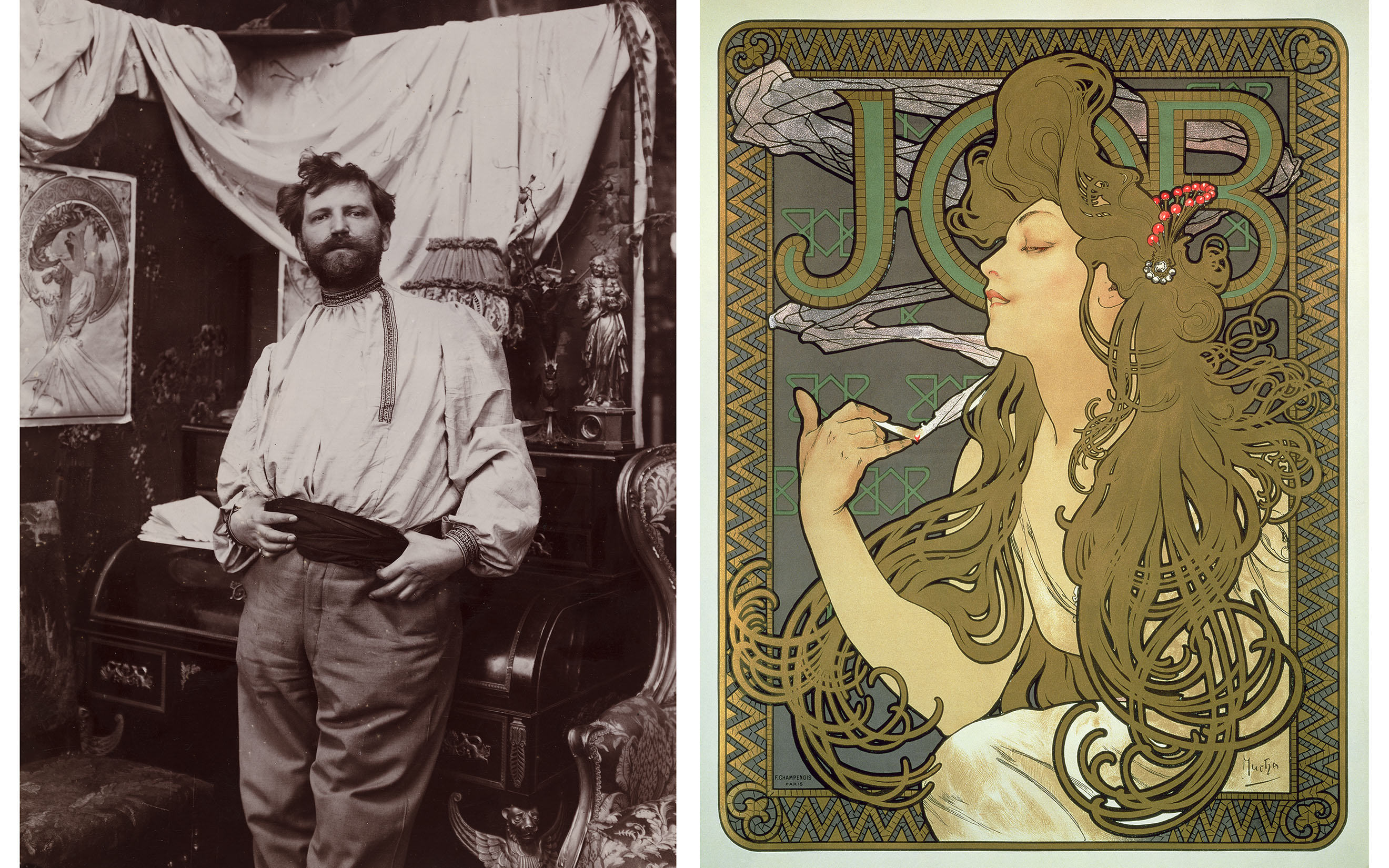 Left: a self-portrait of Alphonse Mucha at his studio in Rue du Val-de-Grace, Paris. Right: Alphonse Mucha, JOB, 1896