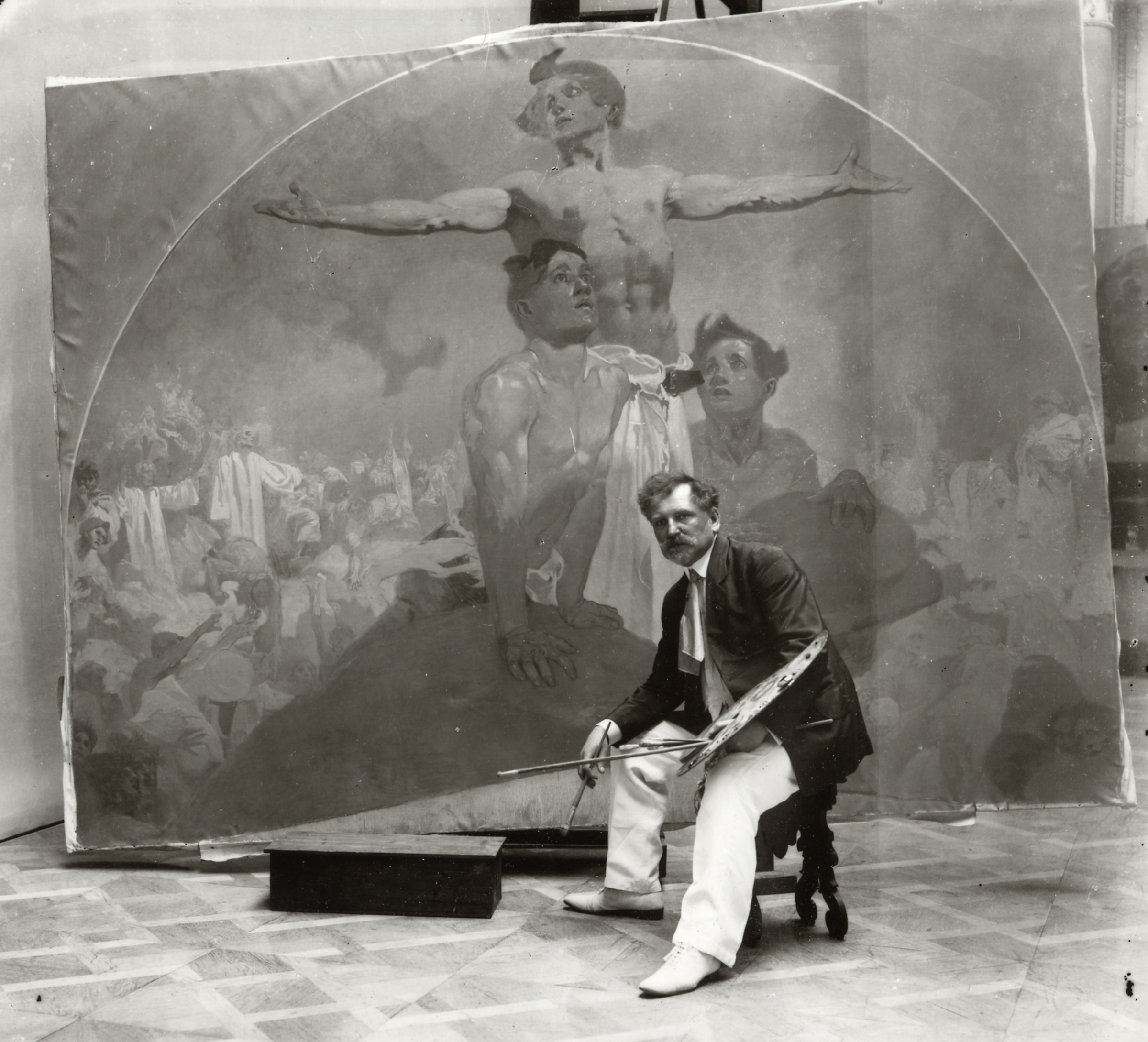 A self-portrait by Alphonse Mucha, 1910-11, showing him working on a mural for the Lord Mayor's Hall, Municipal House, Prague