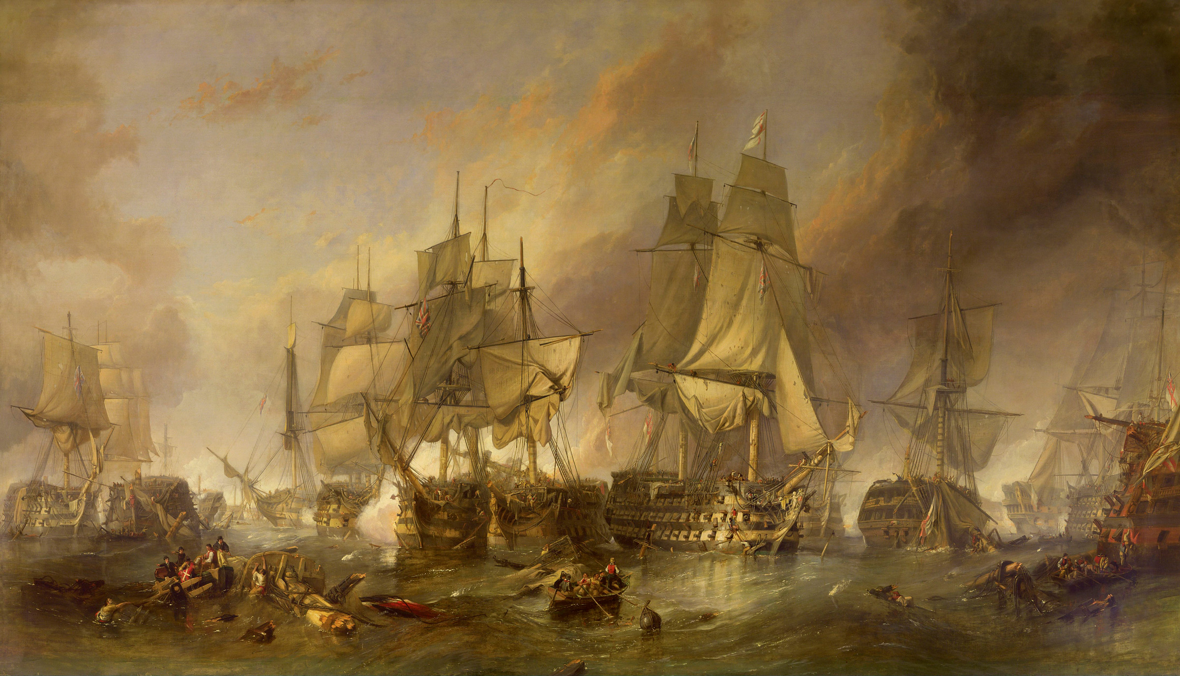 Clarkson Stanfield, The Battle of Trafalgar, 1805. The battle at about 2pm, with the French Redoutable (centre), trapped between the Temeraire (left) and Victory (right, with sunshine on the bows)