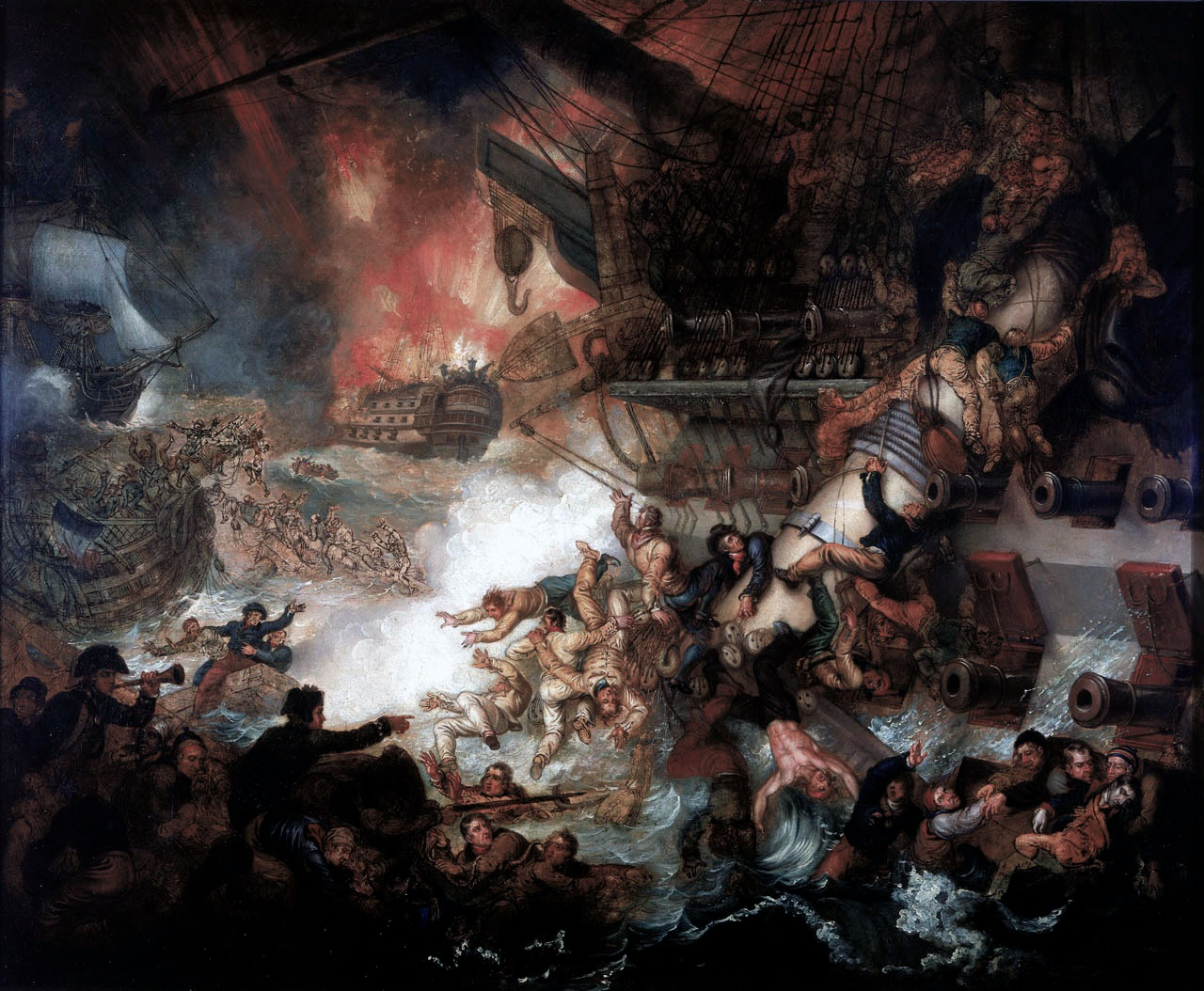 The Battle of the Nile: Destruction of L'Orient, 1 August 1798, an unfinished canvas by Mather Brown. To the right is a close-up of the port-side bow of the French ship Spartiate with its mainmast split. Following the British victory, Spartiate was fitted as a 74-gun two-decker at Plymouth Dockyard