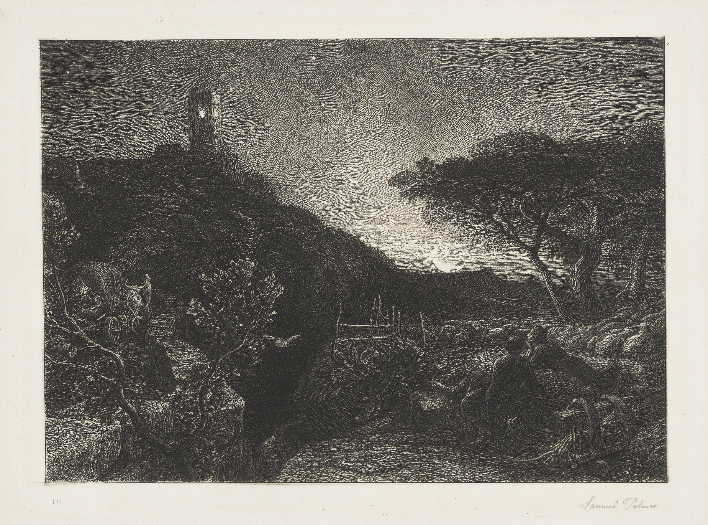 Etching of a moonlit coastal scene with two figures, rolling hills, a distant lighthouse, and foreground foliage.