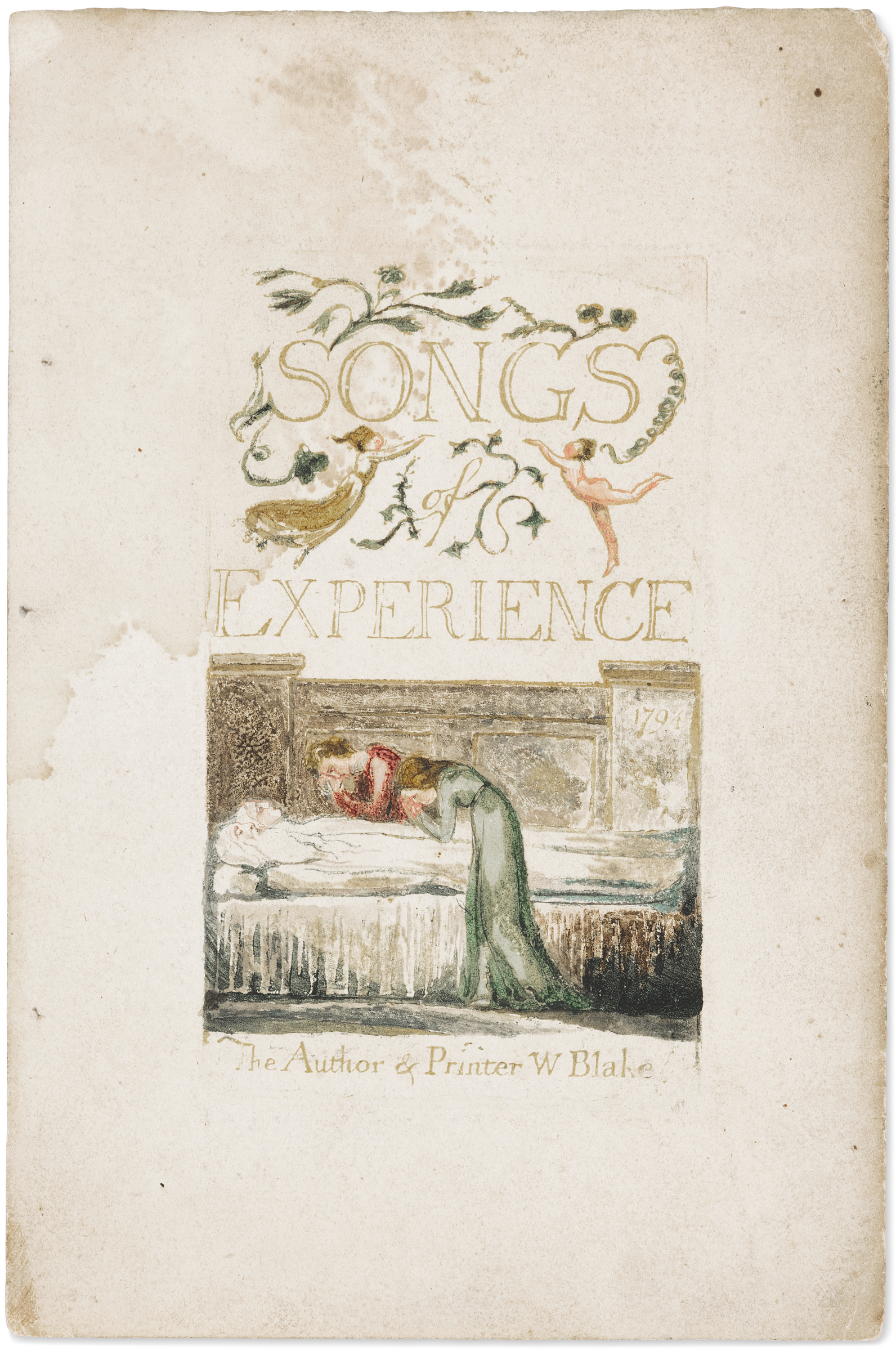 Antique cover of "Songs of Experience" by William Blake, featuring elegant script and an illustration of a woman leaning over a child in bed.