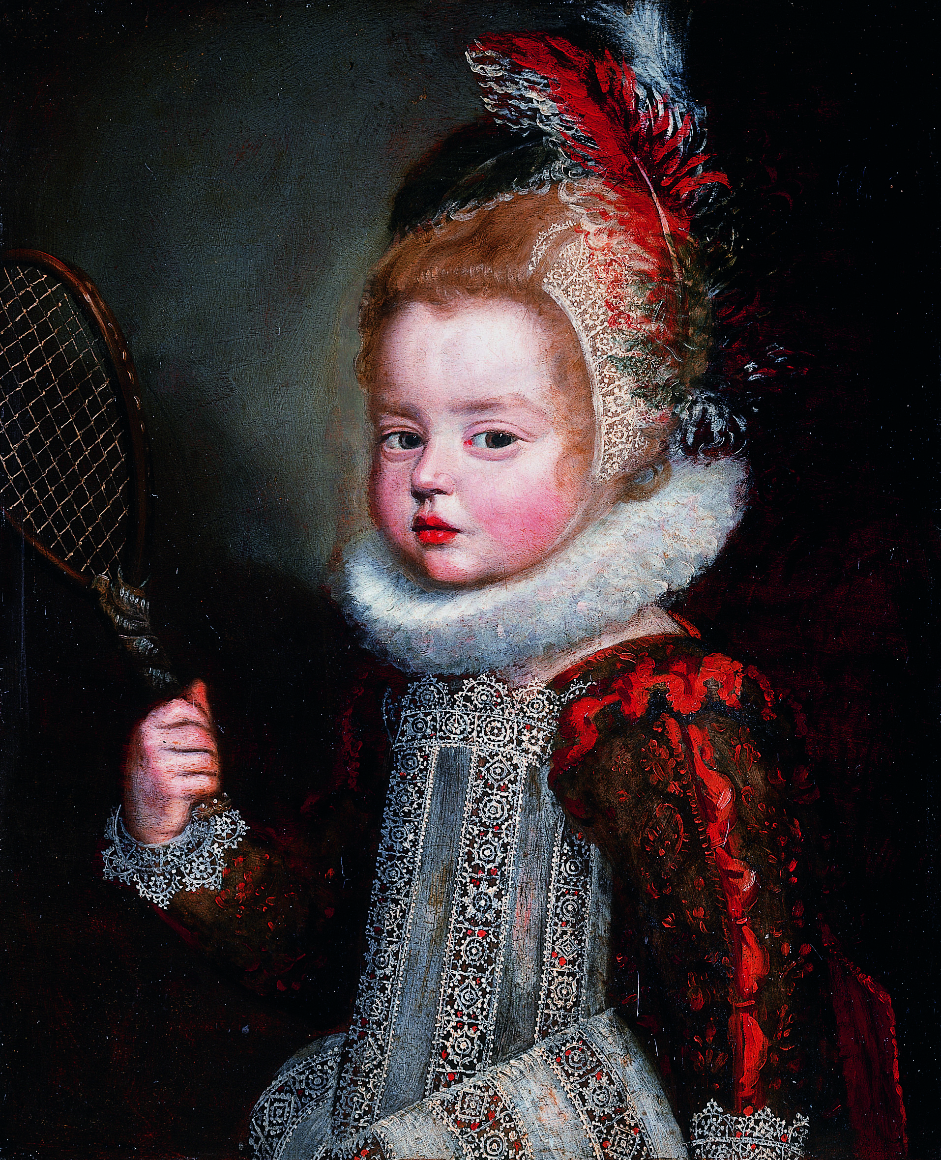 The image depicts a person dressed in lavish, ornate 17th-century clothing with elaborate lacy collar and sleeves, holding a tennis racket.