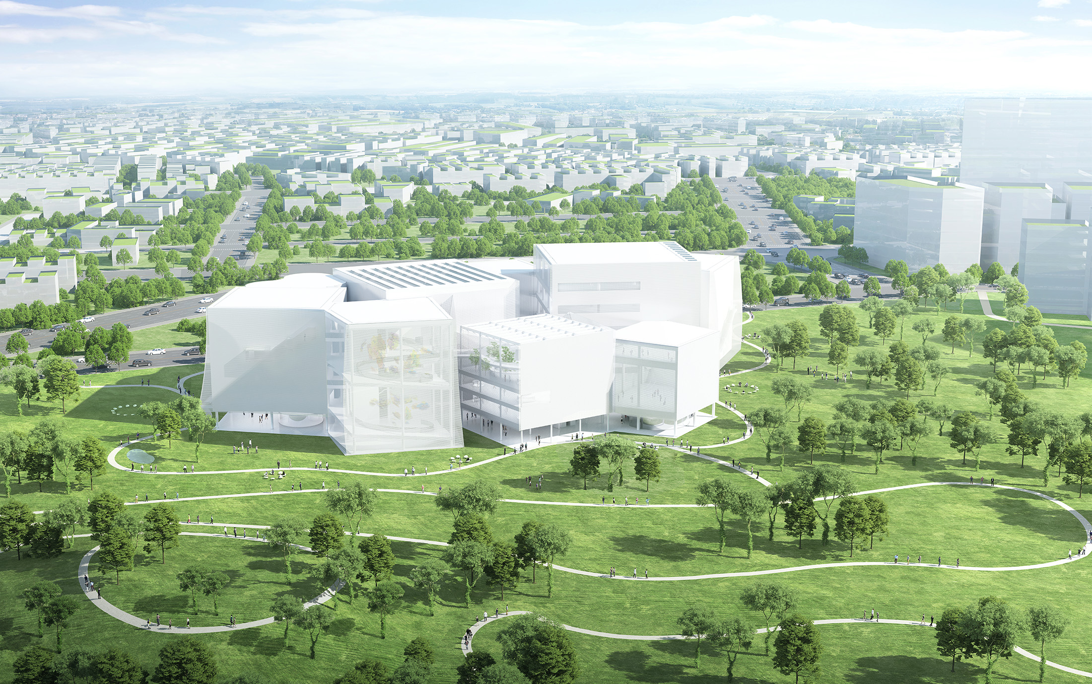 A rendering of the Taichung Green Museumbrary, the hugely ambitious cultural hub designed by award-winning Japanese architects SANAA and set in a 67-hectare park. Its eight interconnecting buildings include the new Taichung Art Museum
