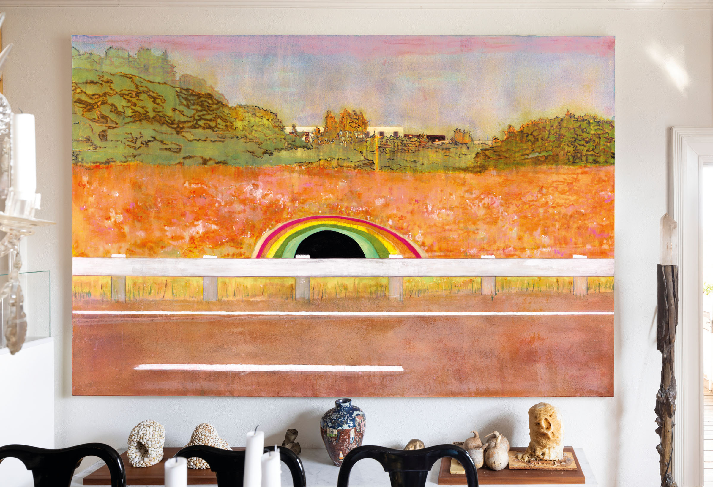 Peter Doig, Country Rock, 1998-99, offered in the 20th/21st Century: London Evening Sale on 15 October 2025 at Christie's in London. Beneath the painting is Grayson Perry’s Scorched Earth, 2003, and to the right, Alicja Kwade's Deer Desire, 2018, both offered in the Post-War and Contemporary Art Day Sale on 16 October 2025 at Christie's in London