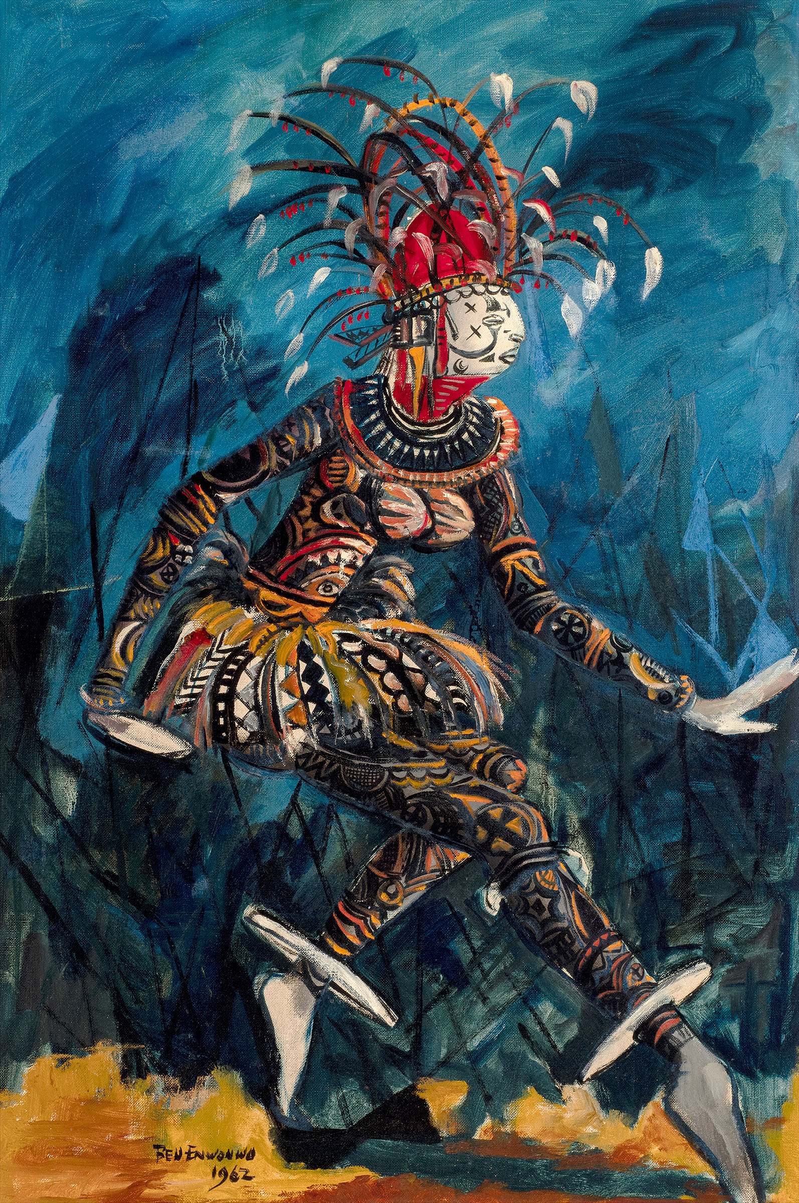 Ben Enwonwu, The Dancer (Agbogho Mmuo - Maiden Spirit Mask), 1962. The son of a renowned Igbo sculptor, Enwonwu achieved international acclaim during his lifetime. While teaching in Benin City, he apprenticed with the guild of bronze-casters and later studied at Goldsmiths College in London, the Ruskin School of Art, Oxford, and London's Slade School of Fine Art