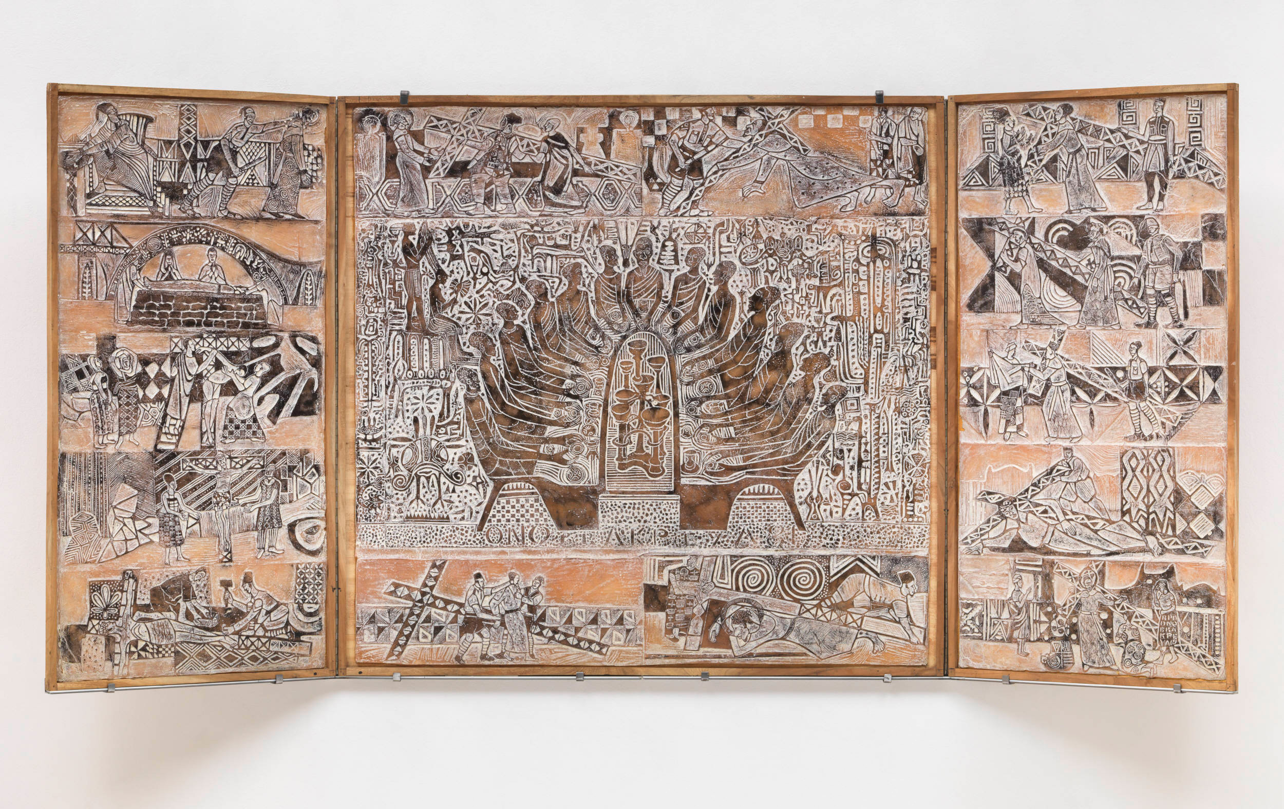 Bruce Onobrakpeya, The Last Supper, 1981. Onobrakpeya studied at NCAST in Zaria, and was a founding member of the Zaria Art Society. He attended printmaking workshops led by Ru Van Rossem at the Mbari club, prompting a transition from paint to print as his medium of choice. Through his teaching and mentorship, he has helped shape the future of Nigerian art. Onobrakpeya represented Africa at the Venice Biennale in 1990