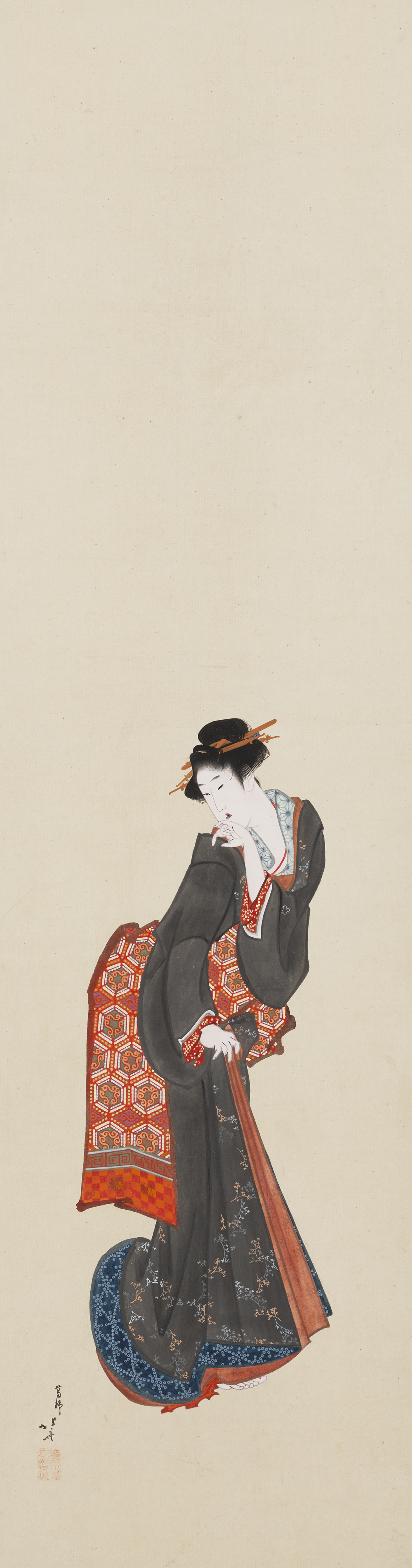 Katsushika Hokusai (1760–1849), Standing Beauty. Hanging scroll; ink, gold and colour on paper. 38 x 10¼ in (98.1 x 26 cm). Estimate: $100,000–150,000. Offered in Japanese and Korean Art on 16 September 2025 at Christie’s in New York