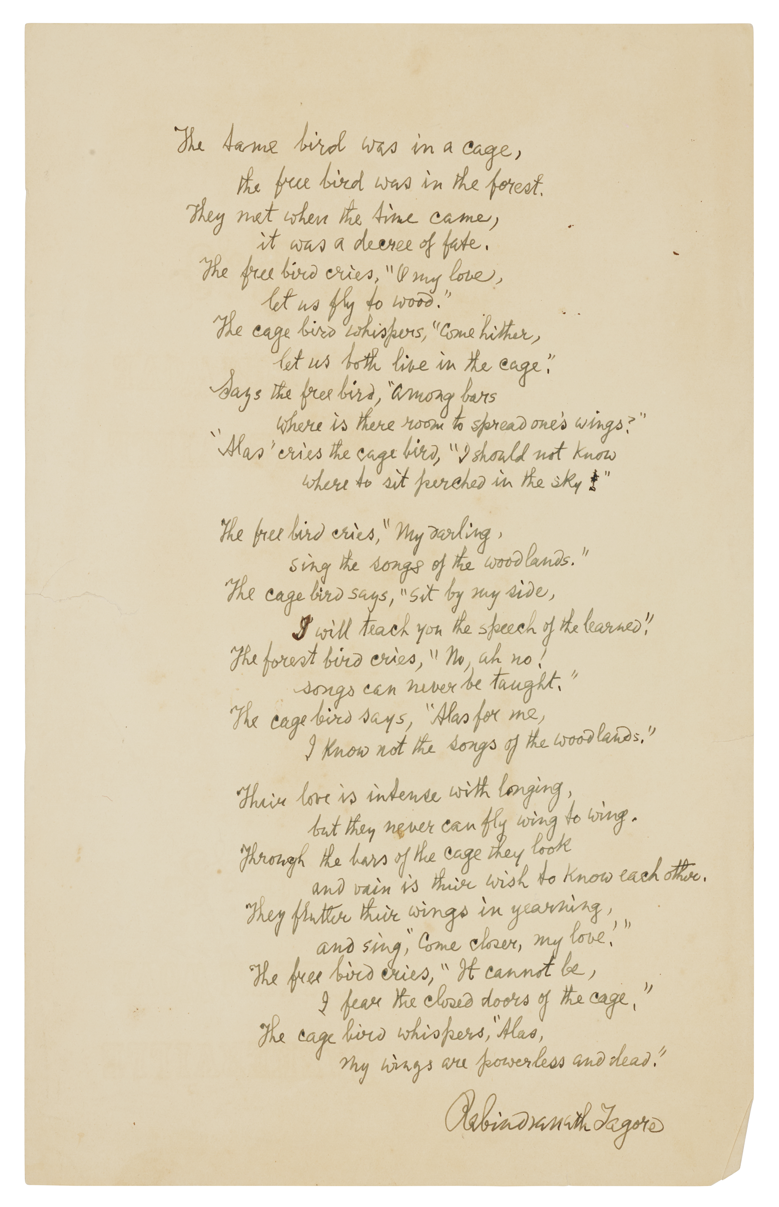 Rabindranath Tagore (1861–1941), “The Tame Bird was in a Cage,” signed and handwritten poem. 12¾ x 8 in (32.4 x 20.3 cm). Estimate: $20,000–30,000. Offered in Indian, Himalayan and Southeast Asian Works of Art, including Property from the Pal Family Collection from 10–24 September 2025 at Christie’s Online