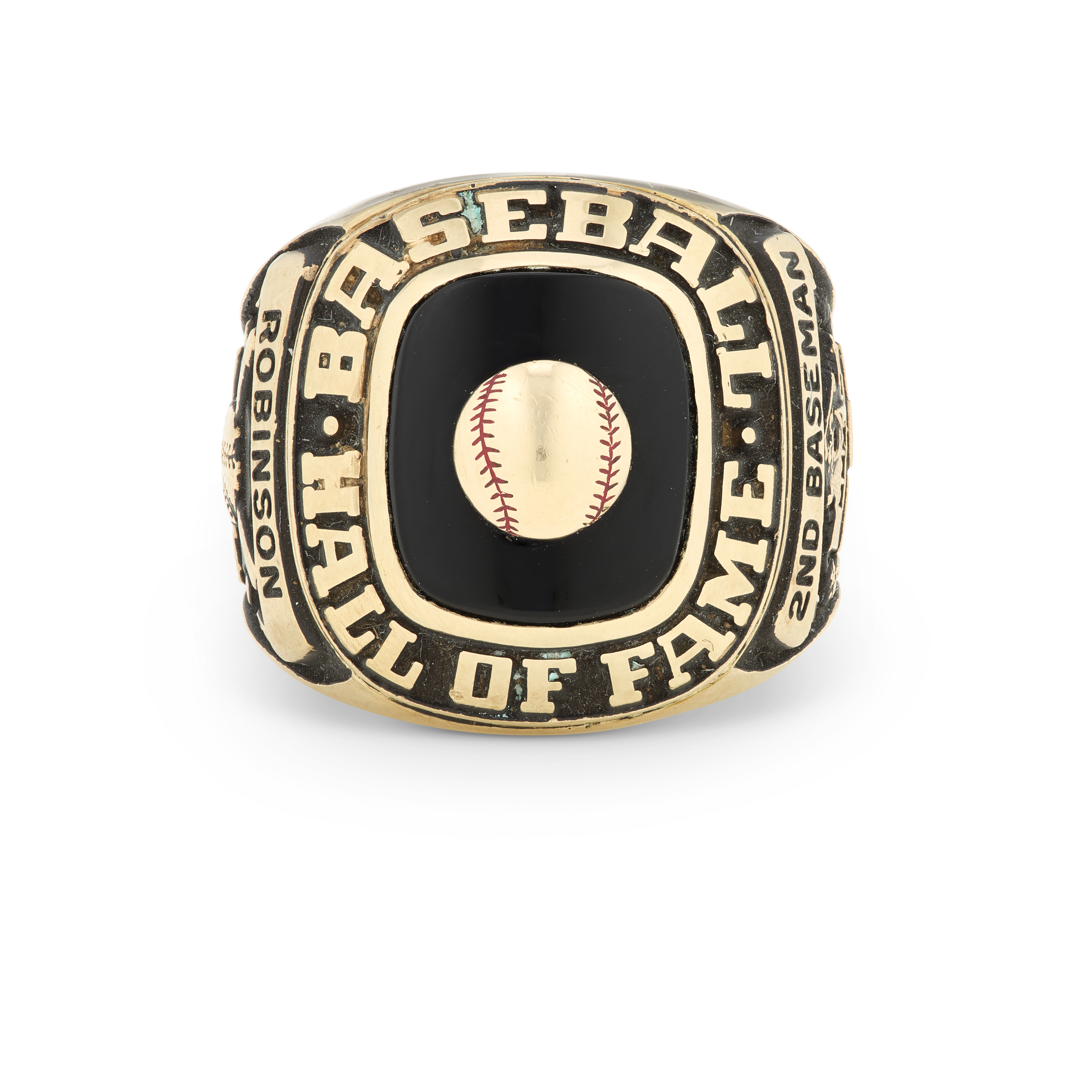 A Baseball Hall of Fame ring with the names "Robinson" and "Mantle" engraved, featuring a central baseball design.