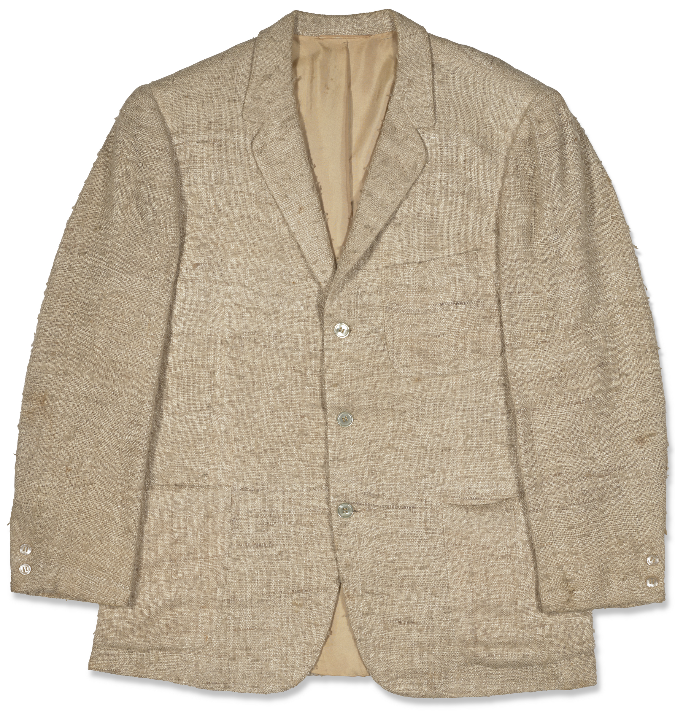 A beige linen blazer with three buttons and patch pockets displayed on a plain background.