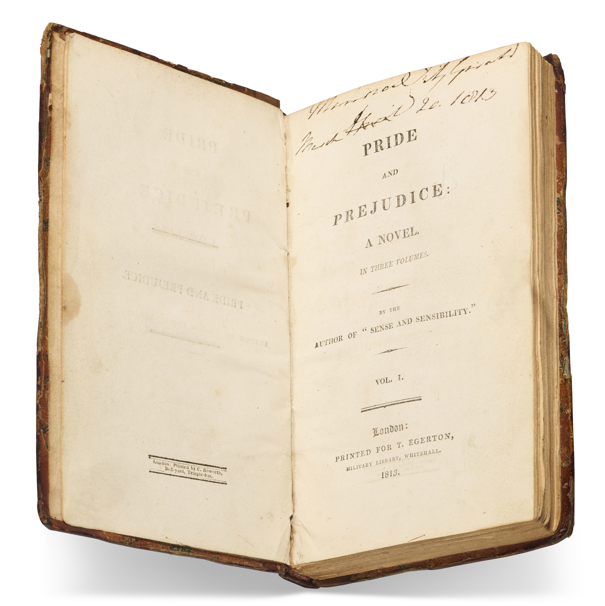 An open vintage copy of "Pride and Prejudice" by Jane Austen, published in 1813.