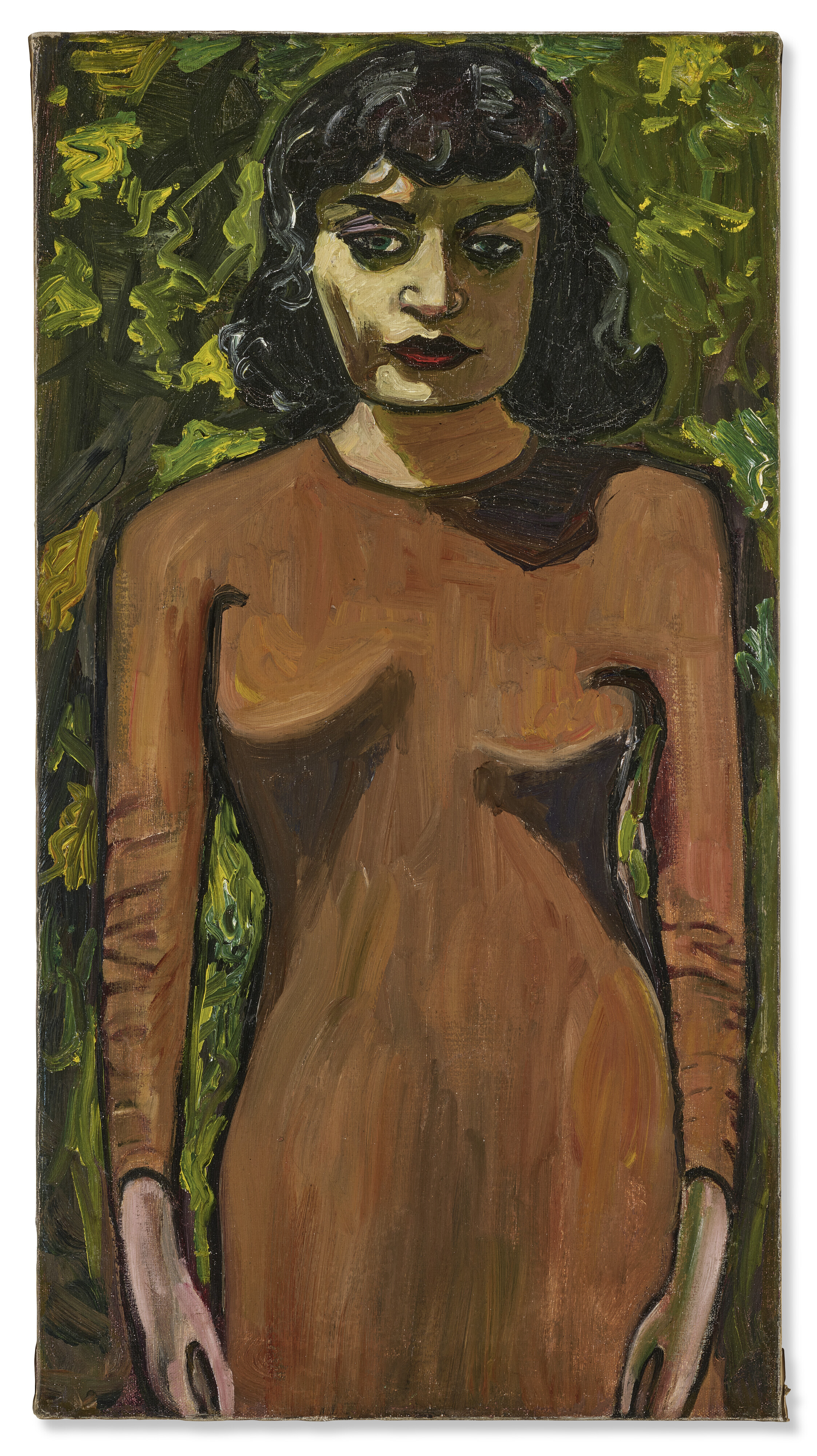 The image depicts an oil painting of a woman standing in front of a green background, dressed in a form-fitting, sleeveless, brown dress.