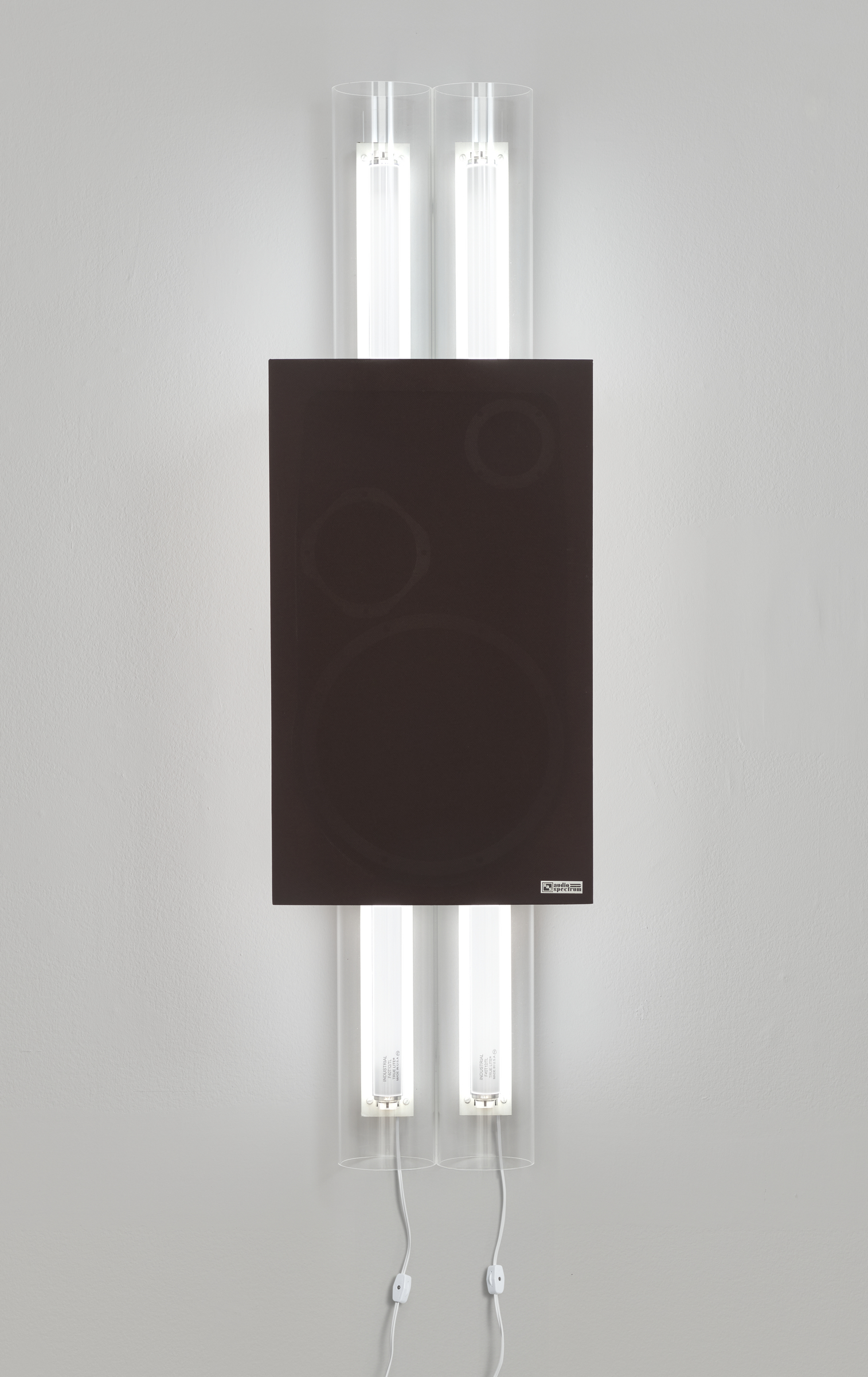 A modern wall-mounted artwork with two vertical fluorescent tubes on either side of a dark rectangular panel.