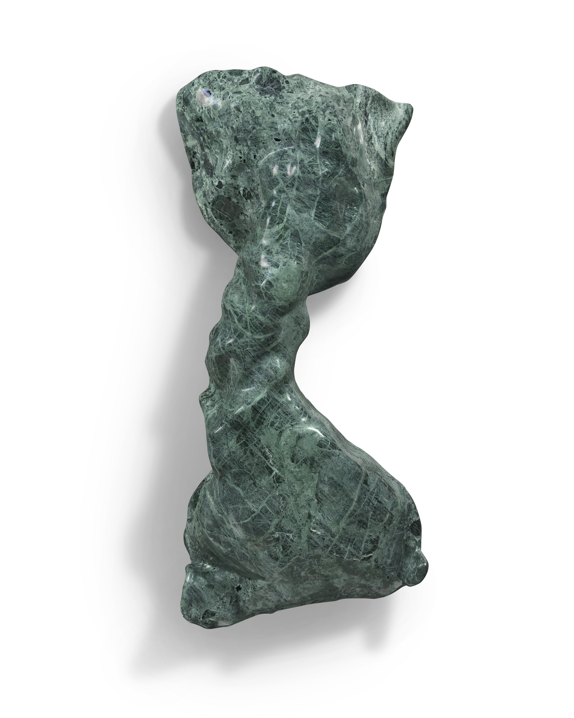 Abstract green marble sculpture with a twisted, organic form, isolated on a white background.