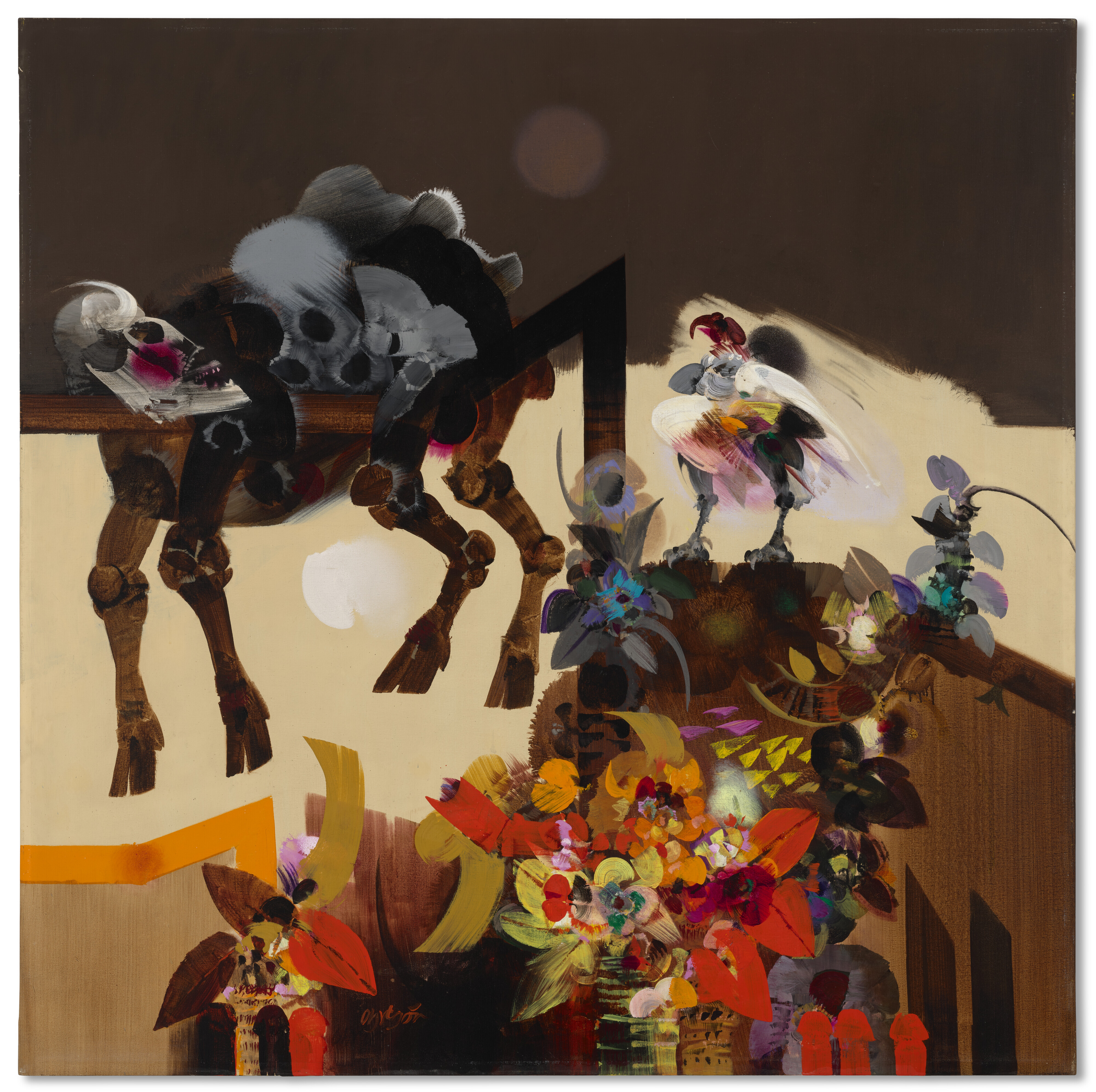 An abstract painting featuring a mix of skeletal forms and vivid floral elements, with dynamic brushstrokes and contrasting colors.