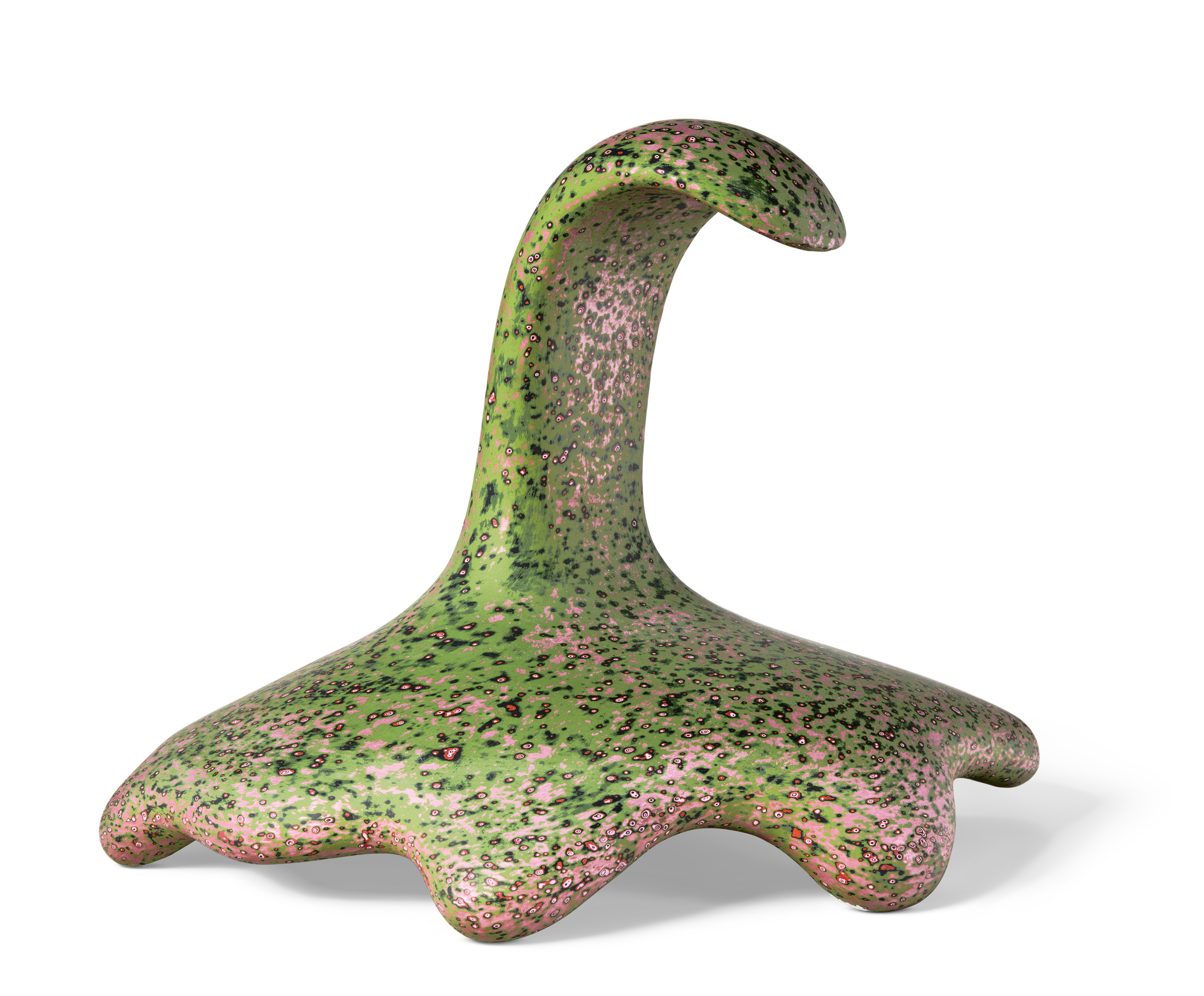 A 3D-rendered abstract model with a smooth, wavy shape and a green and pink speckled texture.