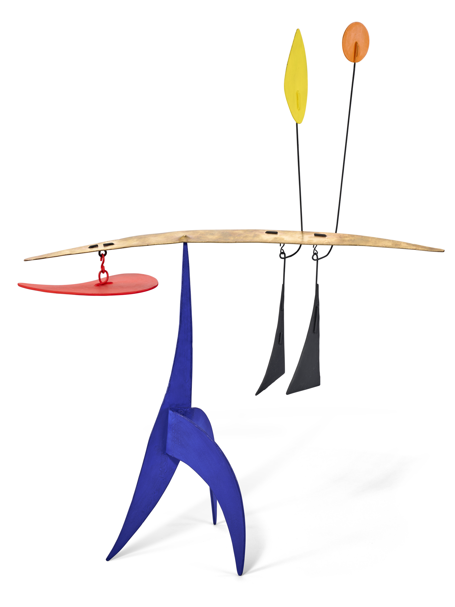 A colorful abstract sculpture with a blue base, wooden central piece, and metal rods topped with yellow, red, and orange elements.