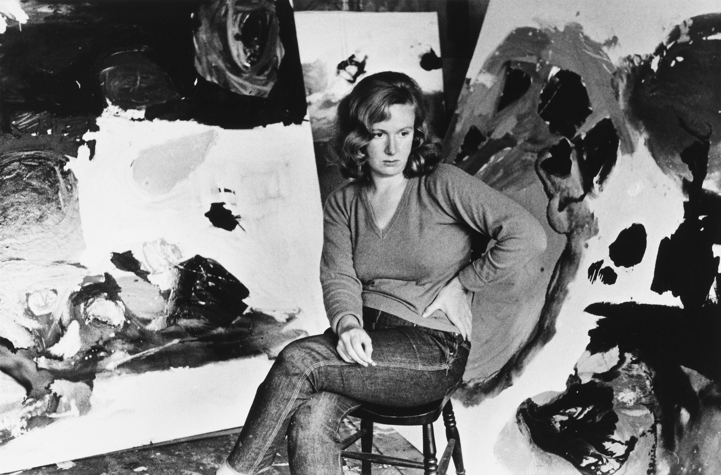 Gillian Ayres with canvases at her Beverley Road studio in Barnes, London, 1960, photographed by Roger Mayne