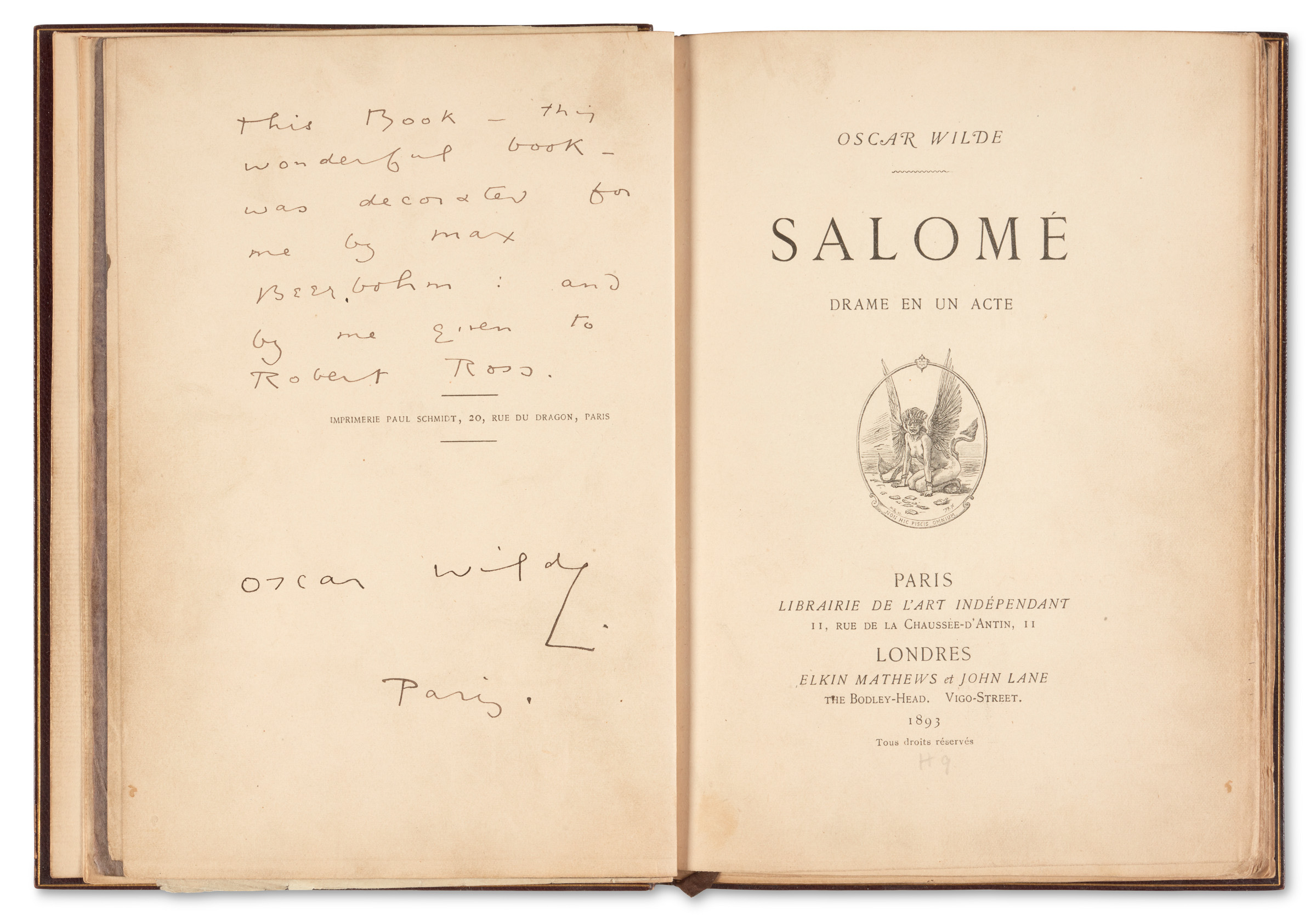 Oscar Wilde, Salome, 1893, the writer's personal copy of the play's first edition, offered in Livres rares et Manuscrits until 5 November 2025 at Christie's Online