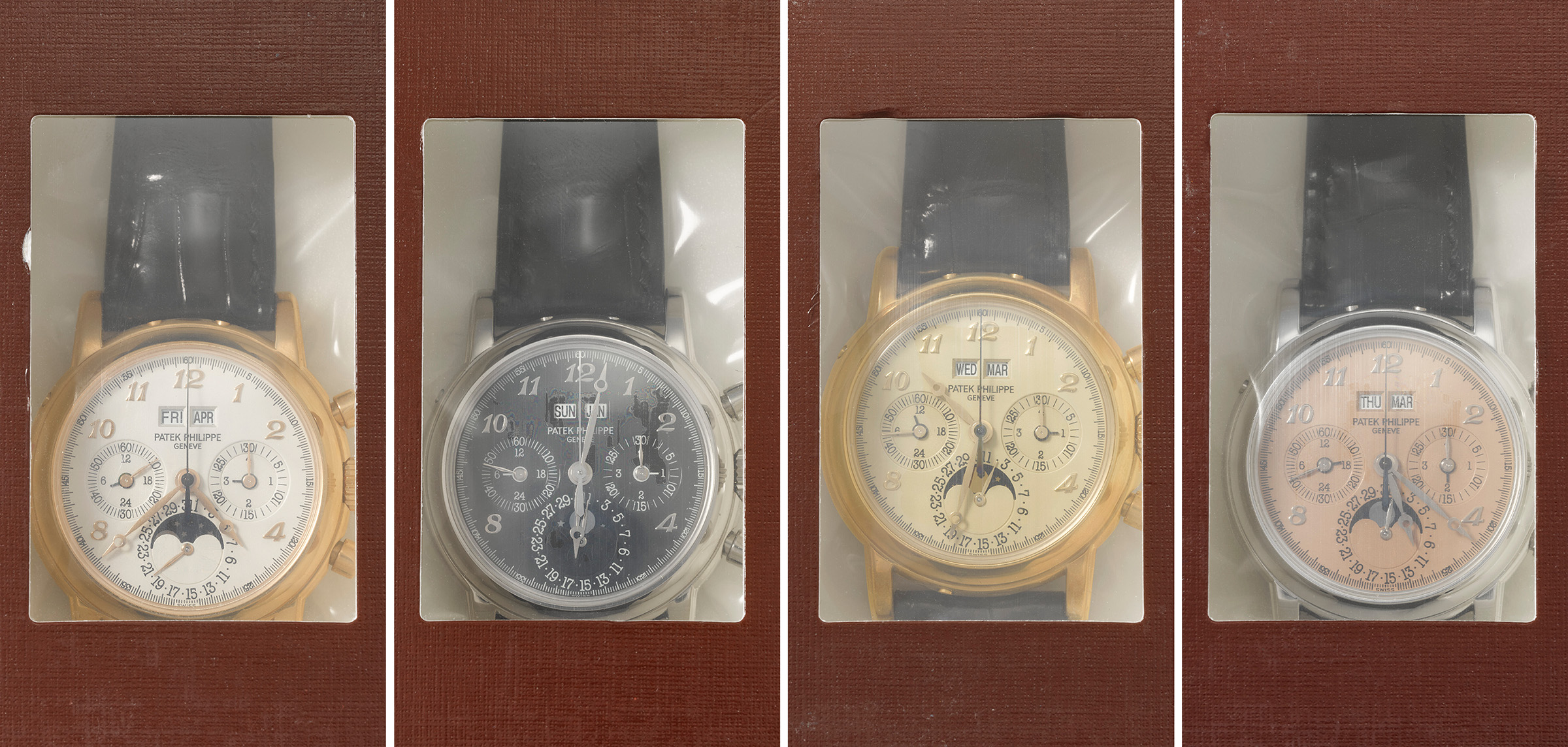 Patek Philippe. Four special-edition perpetual calendar chronograph wristwatches with moon phases, 24-hour, leap-year indication and Breguet numerals, circa 2007, made for the new opening of the Patek Philippe Geneva salon in 2006. Left to right: 18k pink gold, ref. 3970ER-021; 18k white gold, ref. 3970EG-028; 18k gold, ref. 3970EJ-020; platinum, ref. 3970EP-038, all offered in Rare watches on 10 November 2025 at Christie's in Geneva