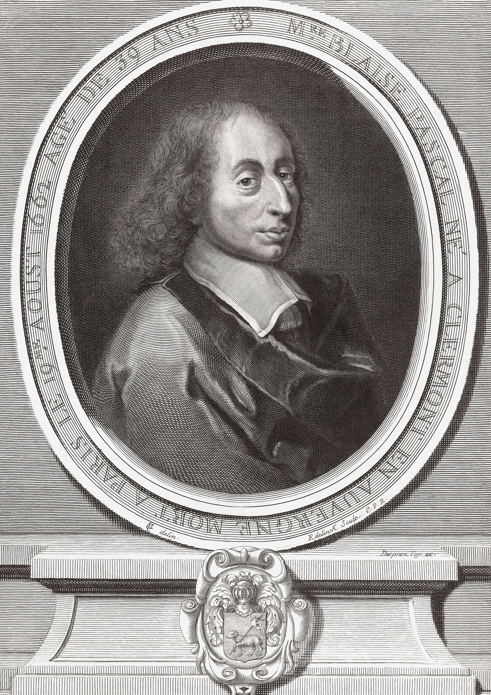 A portrait of Blaise Pascal after a print by the Flemish engraver and publisher Gerard Edelinck. The family crest, with the symbol of the lamb, also appears on the front of the Pascaline coming to auction