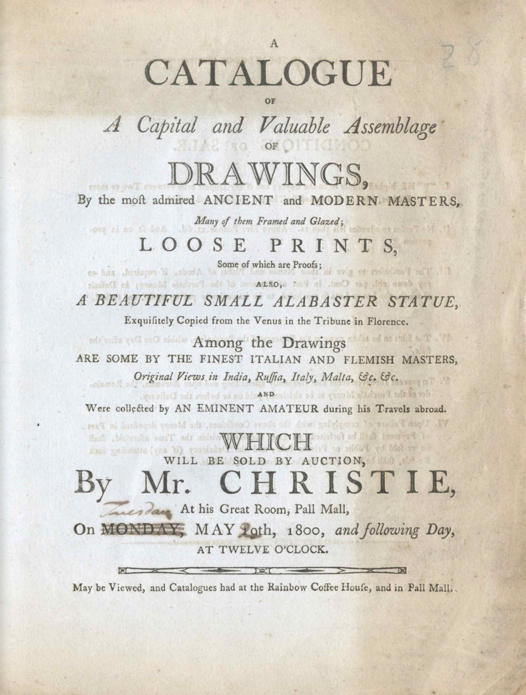 Title page of the catalogue for the May 1800 sale in which Christie’s first sold works by J.M.W. Turner - and at which the 25-year-old artist made his earliest purchases from the auction house