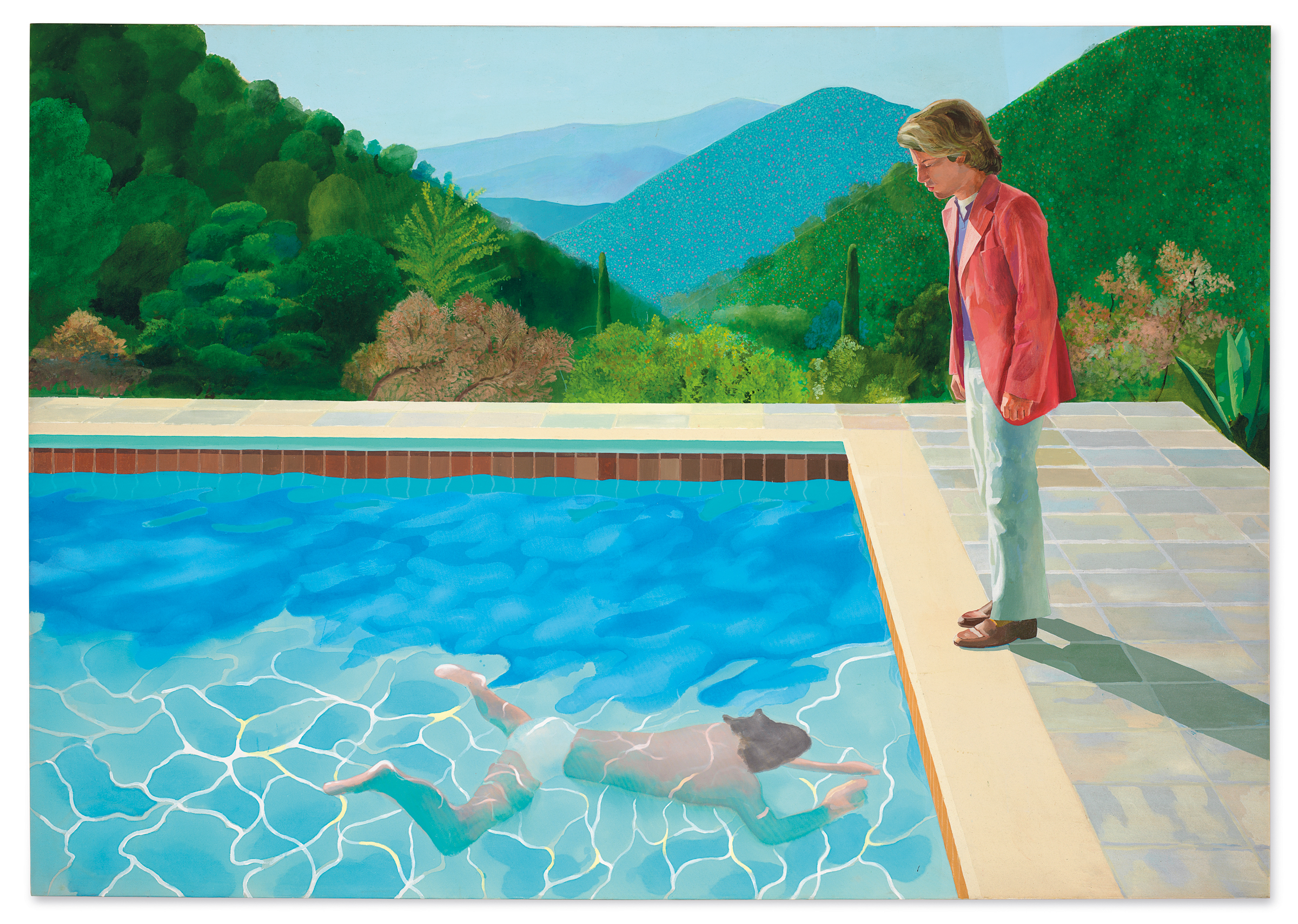 The painting features a serene outdoor pool with a person swimming underwater, set against a backdrop of lush, green mountains and vibrant flora.