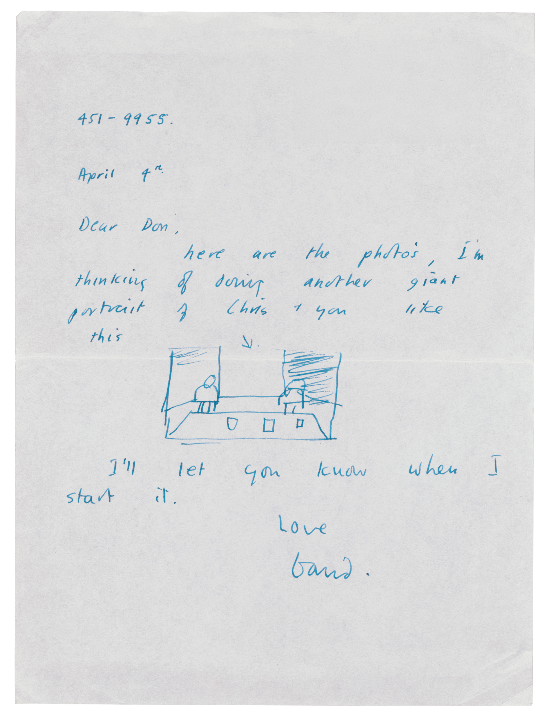 Handwritten letter with a small sketch, discussing upcoming portrait plans.