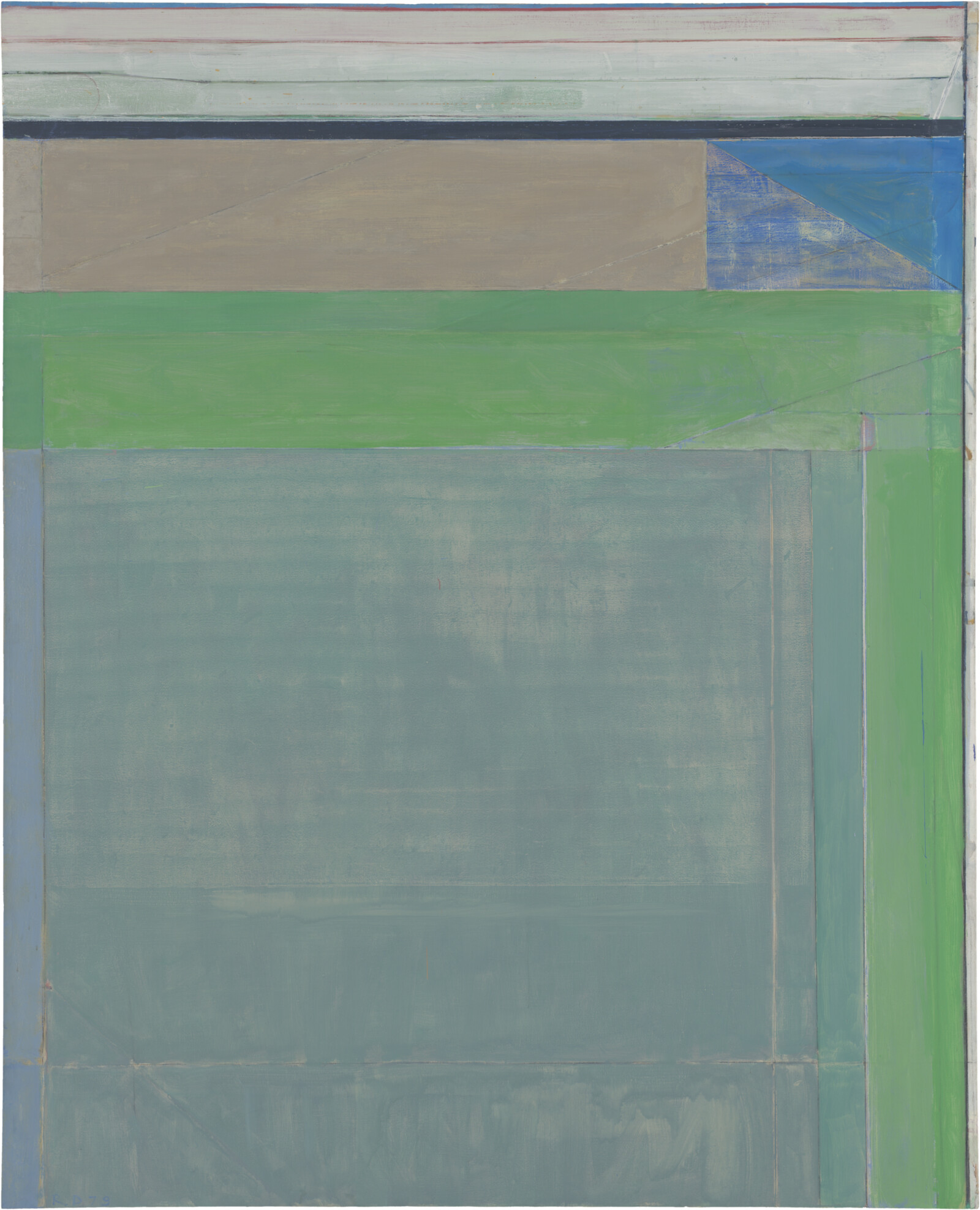 Abstract painting with rectangular blocks of muted blue, green, and beige colors intersected by a vertical green line.