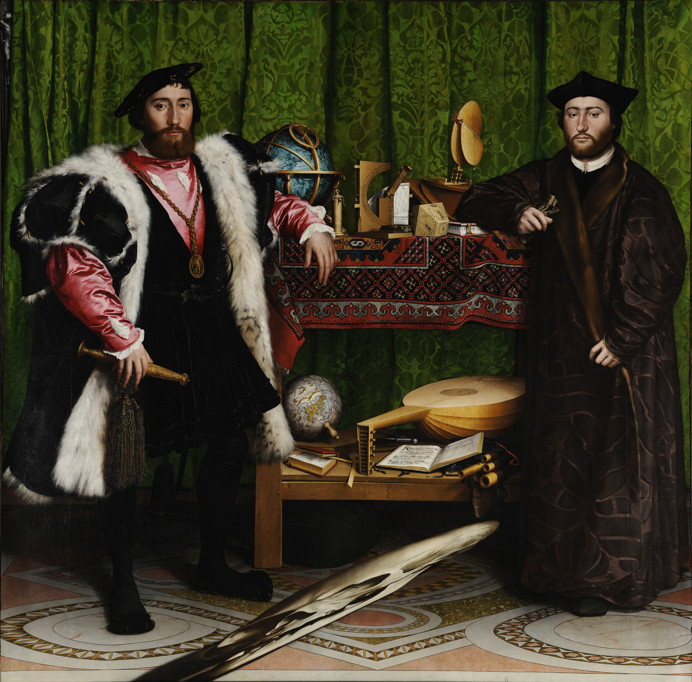 Two figures in historical attire stand in a room adorned with a globe, books, and instruments, emphasizing a scholarly or exploratory theme.