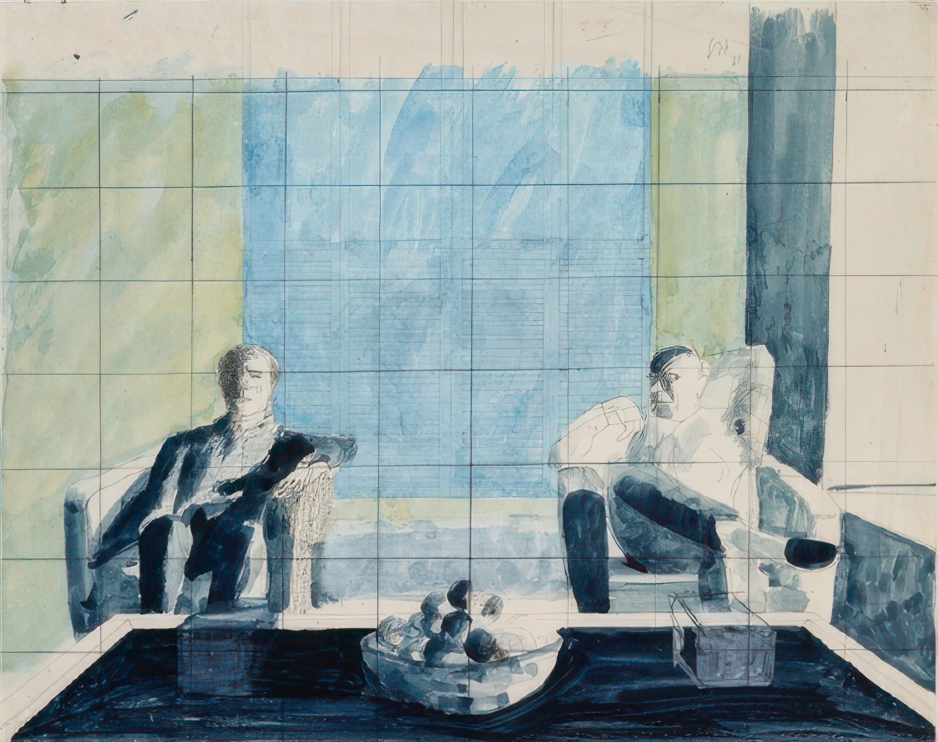 The image is a drawing of two figures seated on a bench in a tiled, blue-toned environment, with a piece of fruit on a table in front.
