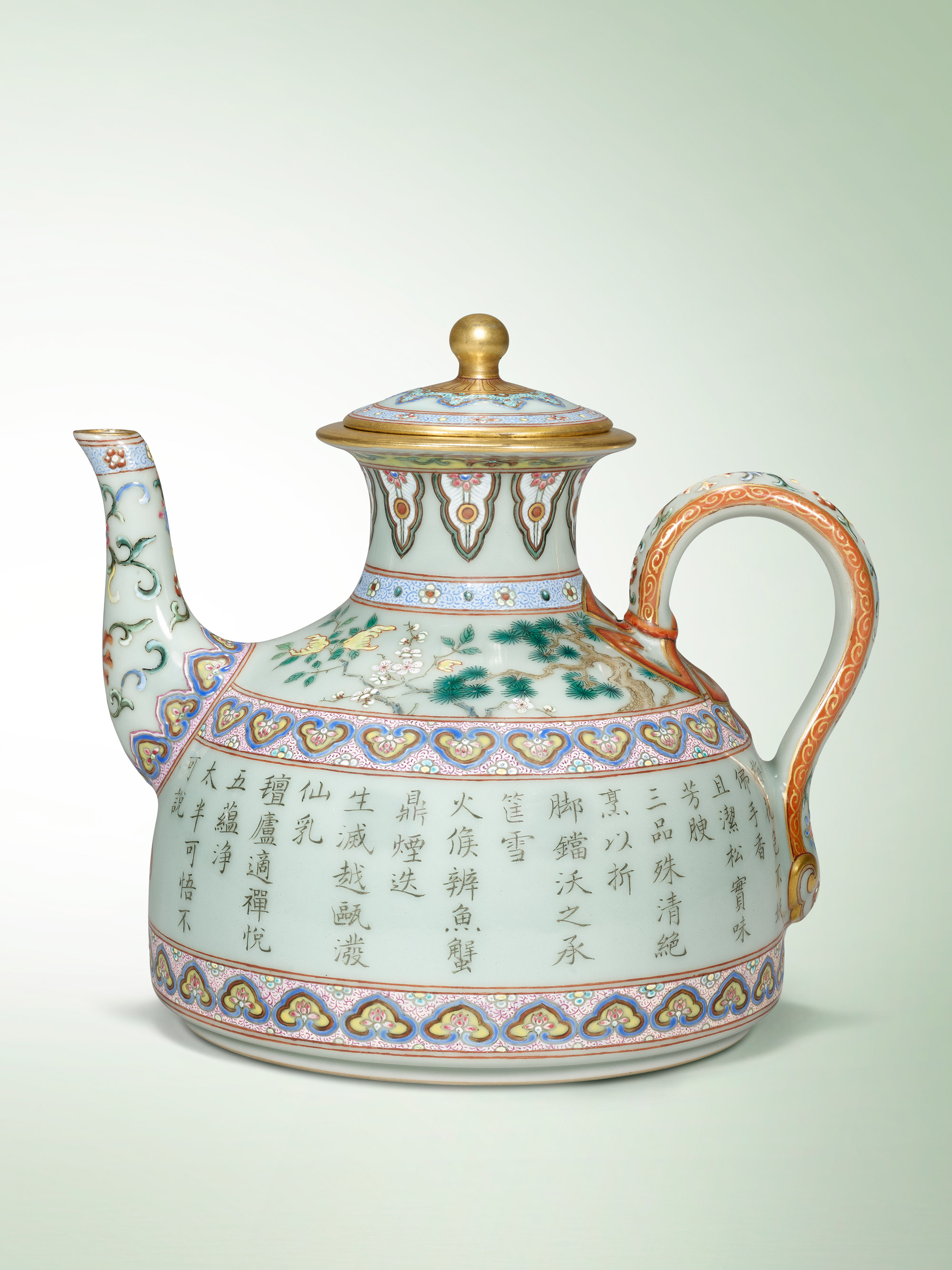 An imperial yangcai inscribed ‘three purities tea’ celadon-ground teapot and cover. Qianlong six-character seal mark in underglaze blue and of the period (1736-1795). Sold for HK$24,900,000 on 30 October 2025 at Christie’s in Hong Kong 