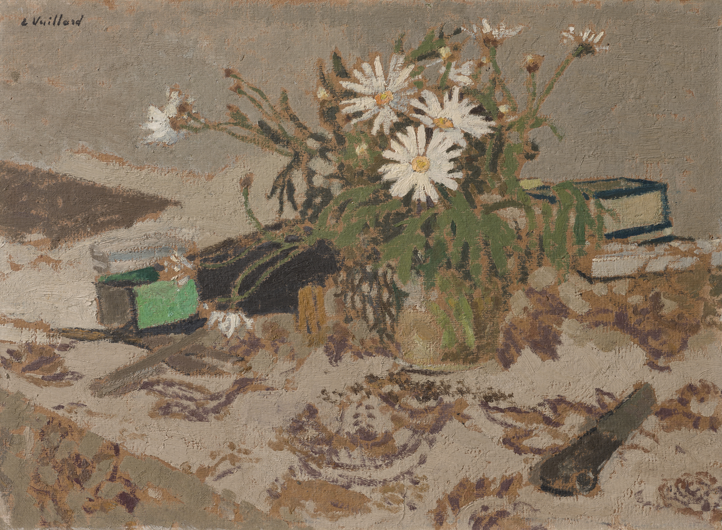 A painting depicting a vase of white daisies accompanied by books and objects on a patterned tablecloth.