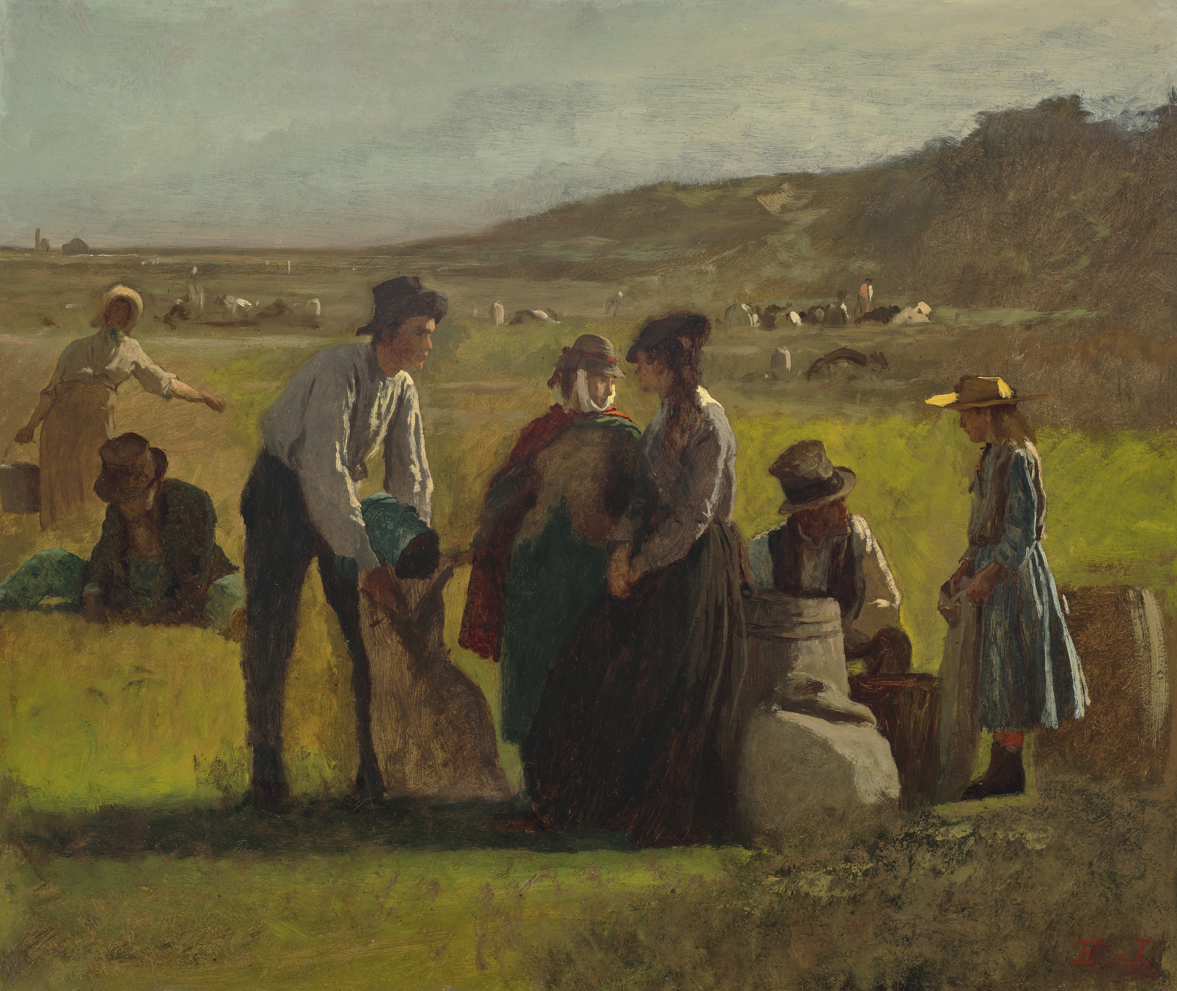 The painting depicts a group of individuals engaged in agricultural activities in a pastoral setting, with a distant view of cattle grazing on a hillside.
